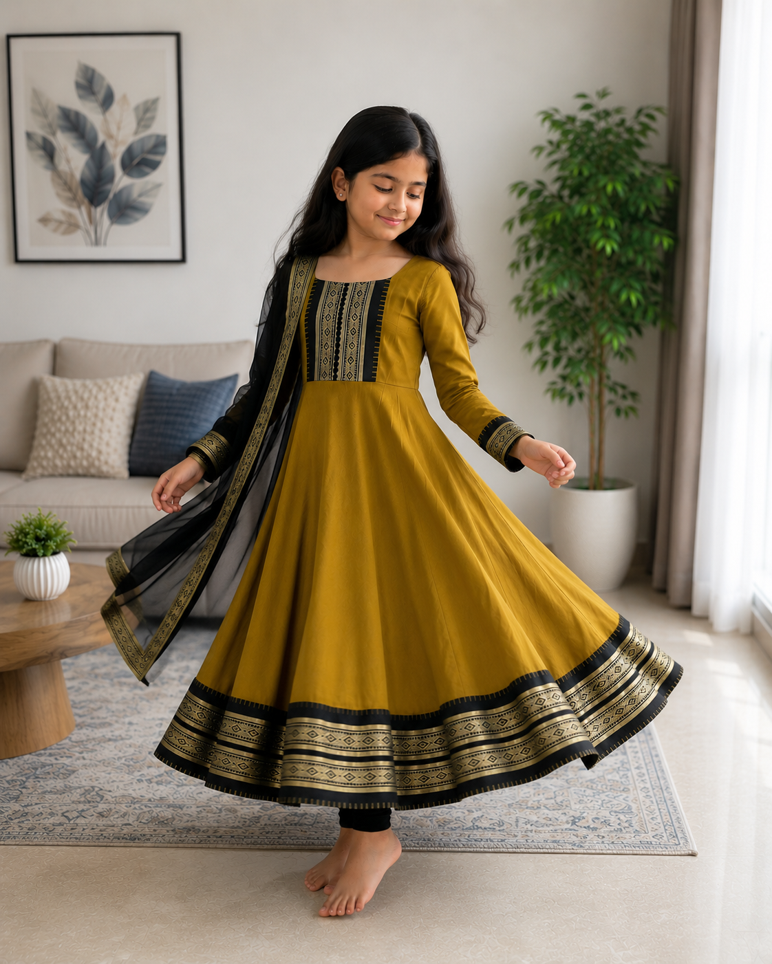 Cute Mustard Ethnic Anarkali Dress for Girls with Black Dupatta – Shivay Fab