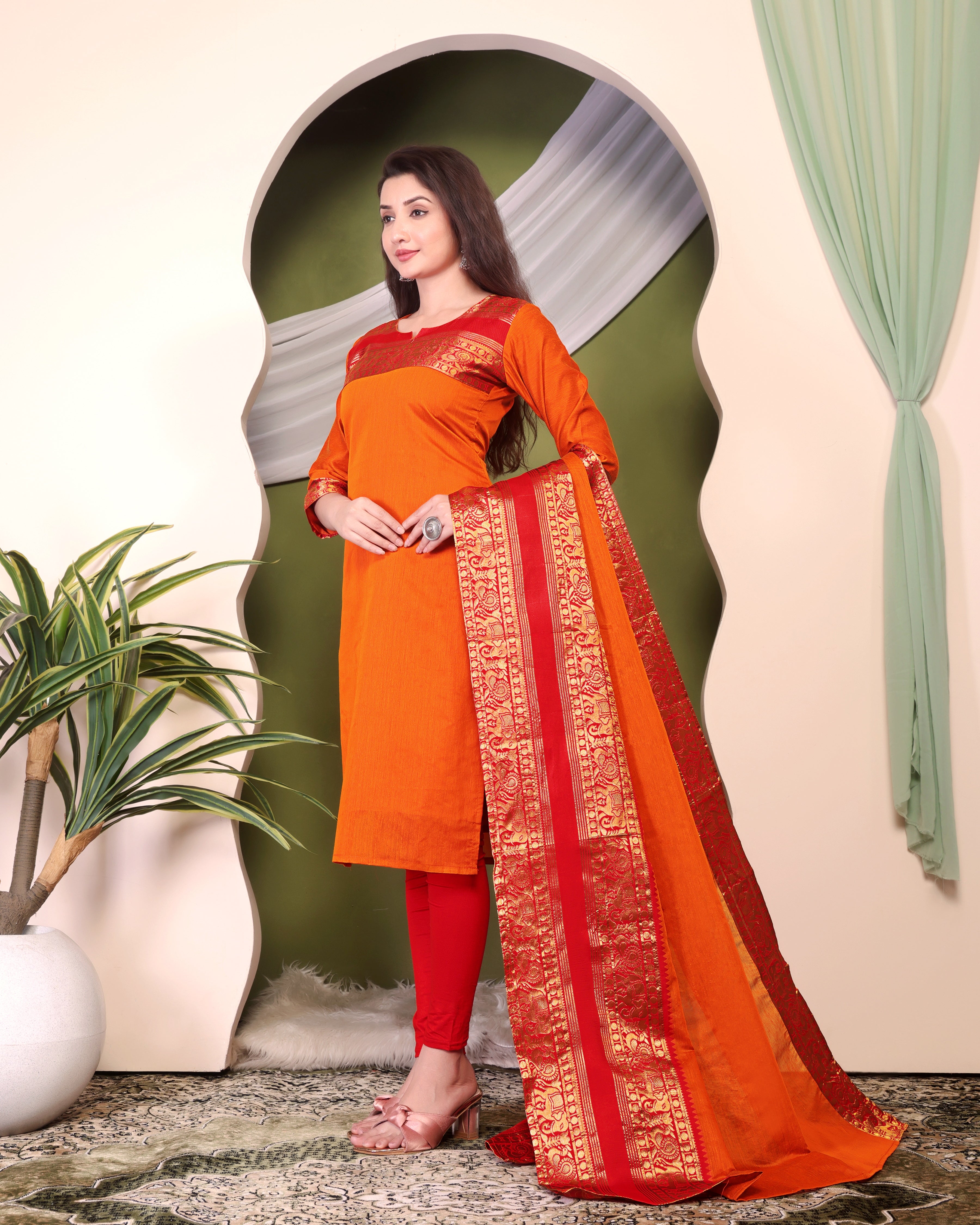Stylish Orange Kurta & Dupatta Set in Soft Cotton Fabric