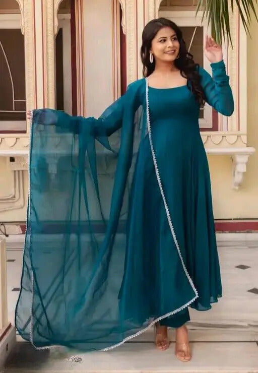 Georgette Gown and Dupatta Set with Intricate Lace Border