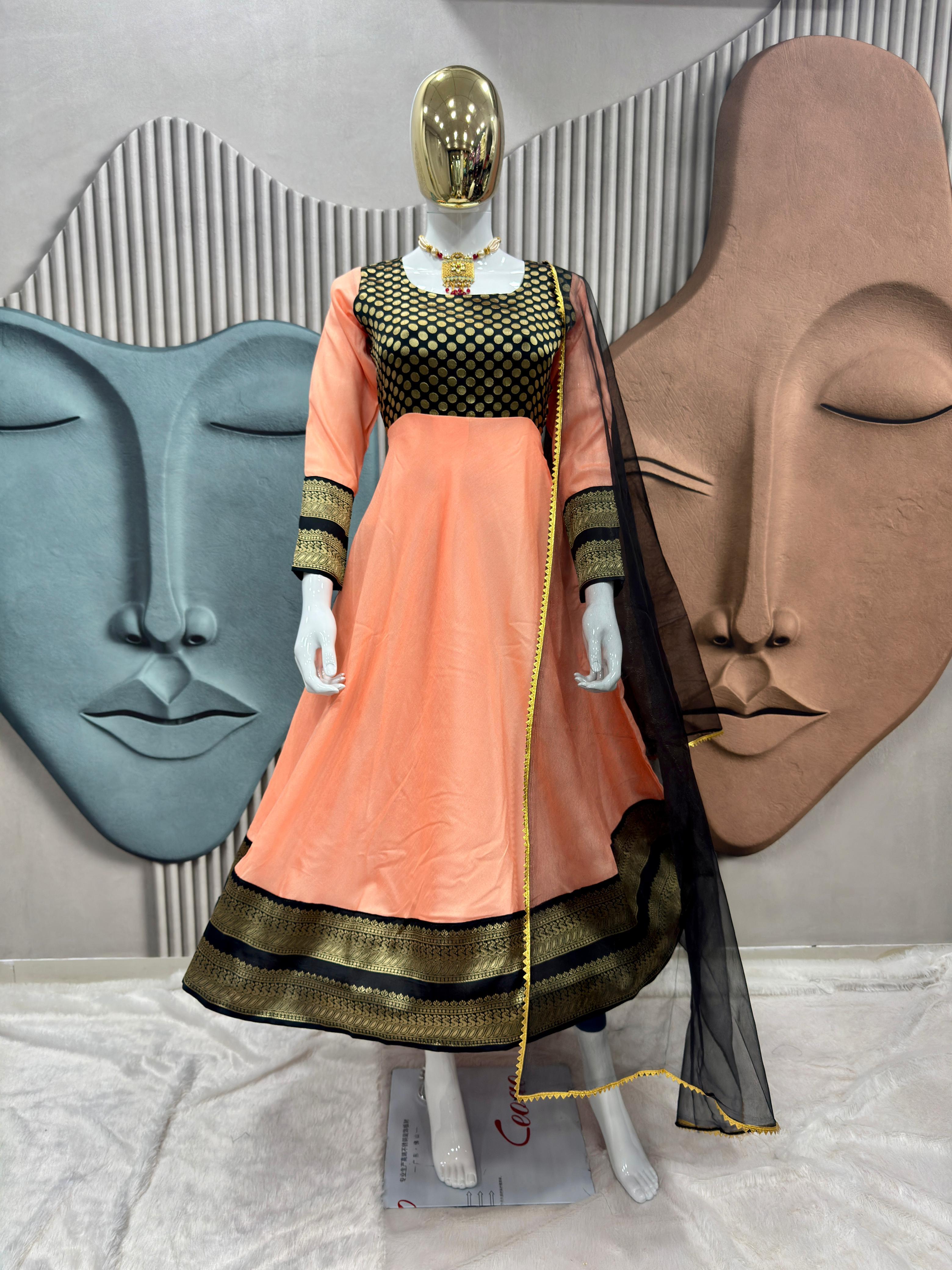 Elegant Peach  Anarkali Suit with Jacquard Silk & Net Dupatta