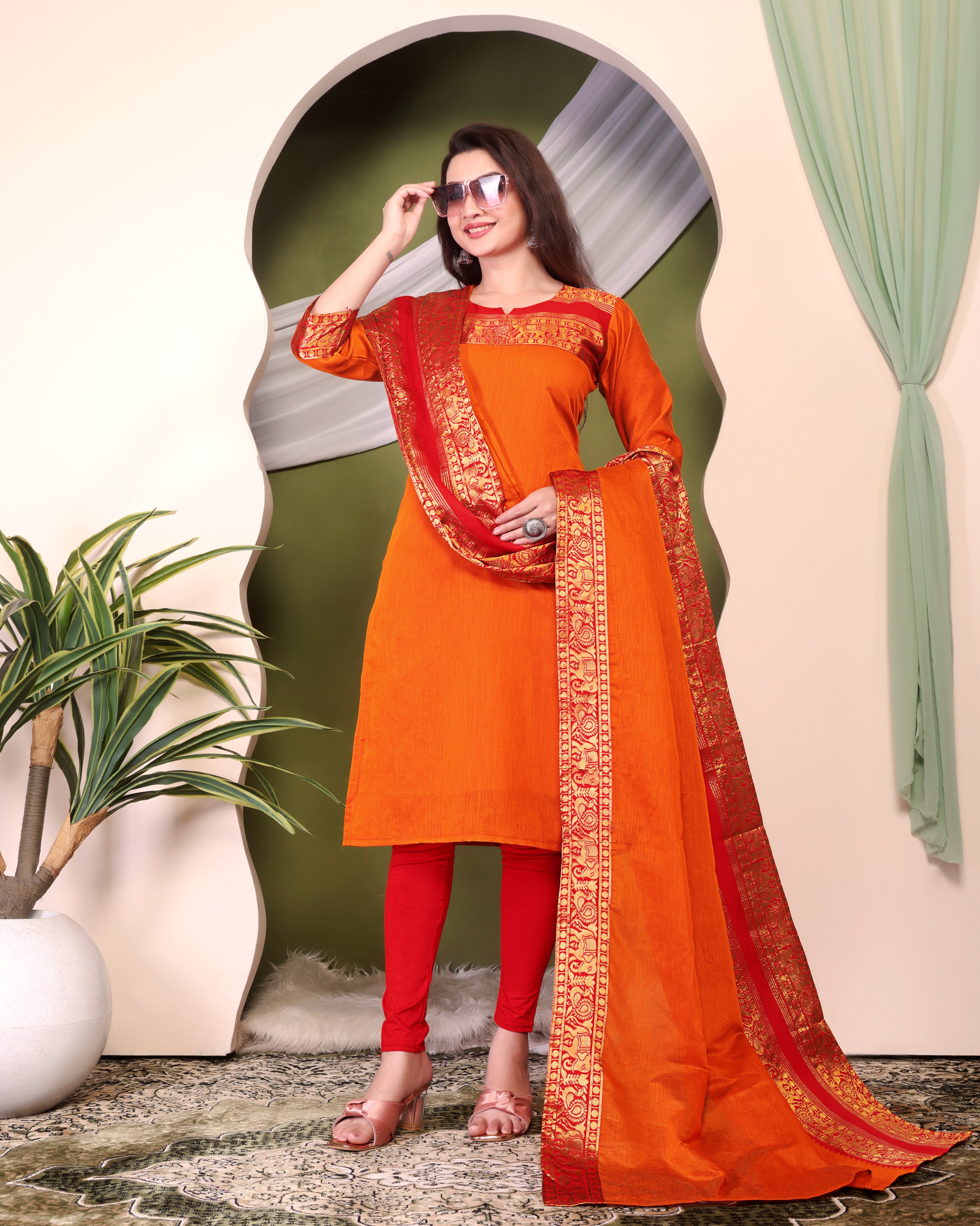 Stylish Orange Kurta & Dupatta Set in Soft Chanderi Cotton  Fabric