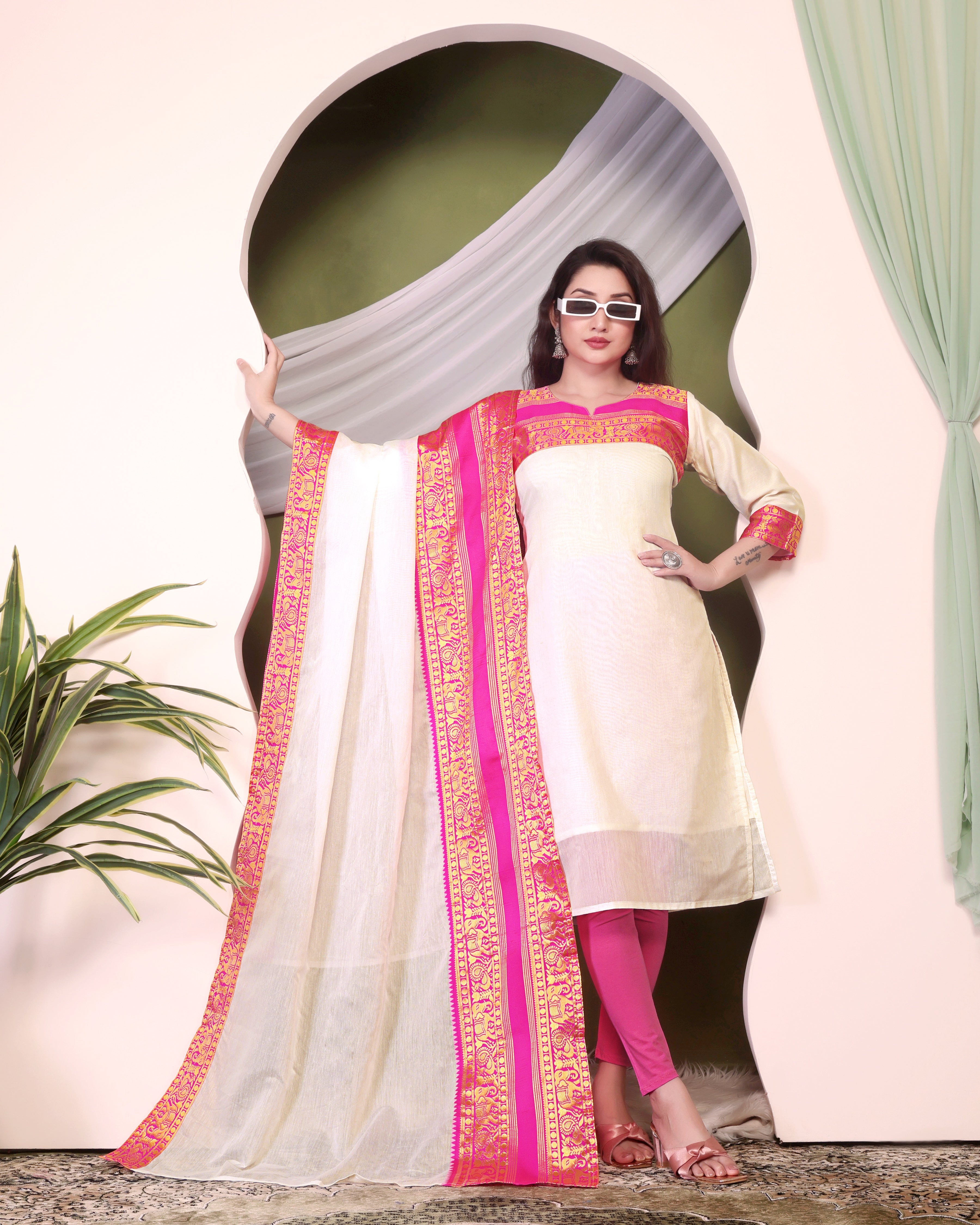 Cotton Kurti and Dupatta with Intricate Weaving Work