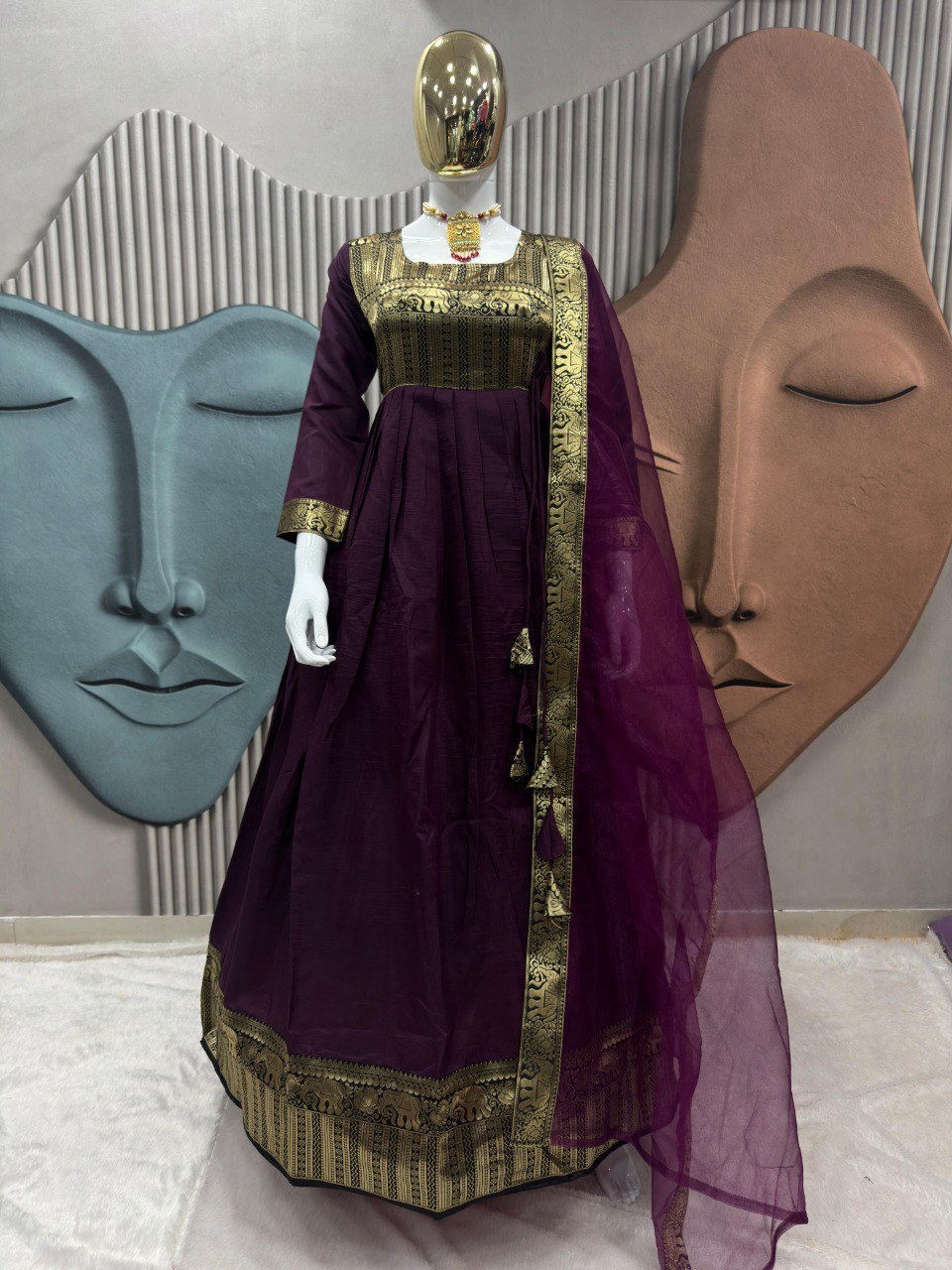 Melobita Silk Full-Length Anarkali Gown Kurti with Sheer Golden-Border Dupatta