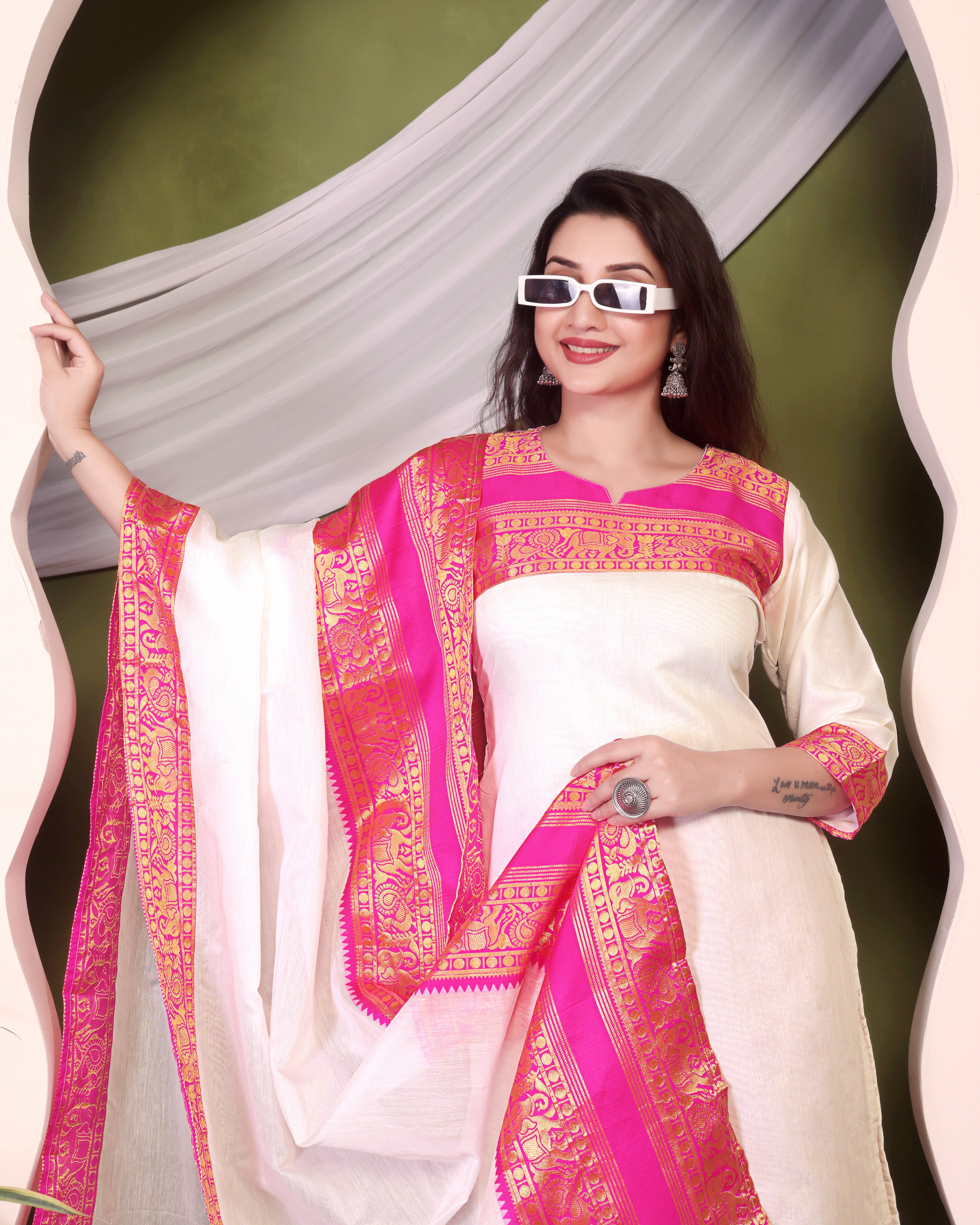 Classic White Chanderi Cotton Kurta Dupatta Set
