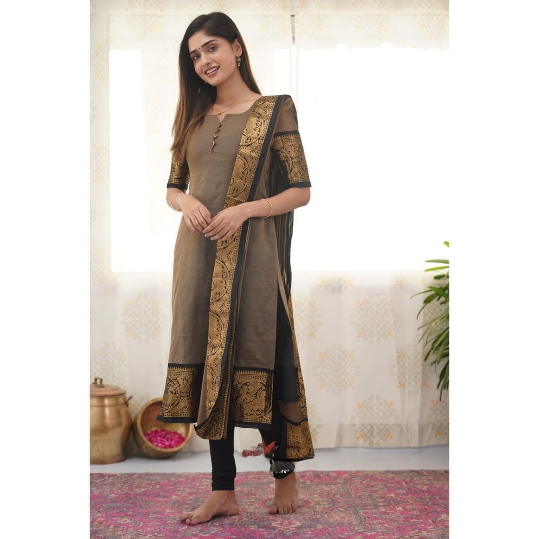 Chanderi Cotton Kurti and Dupatta Set with Intricate Weaving Work