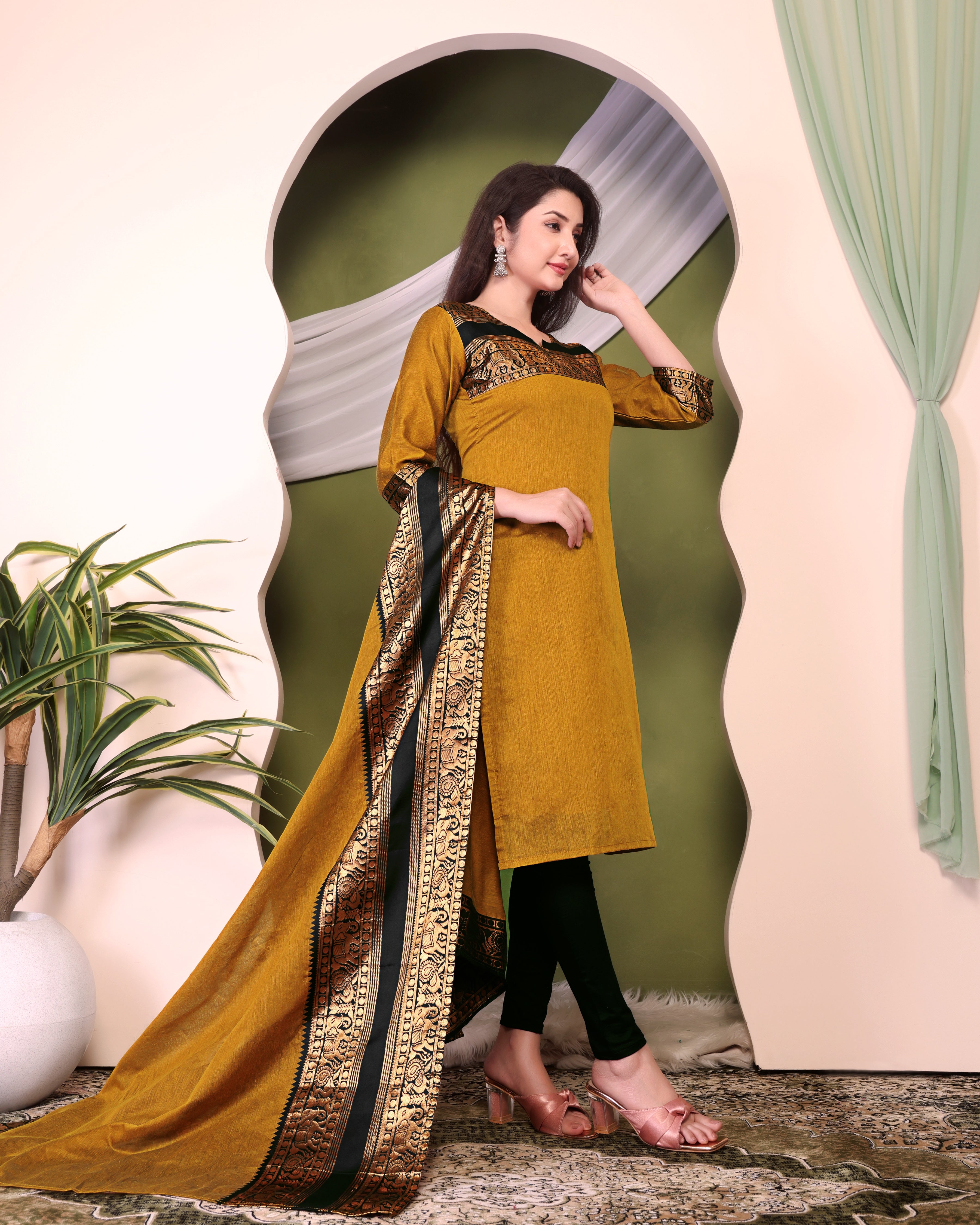 Women's Mustard Chanderi Cotton Kurta Dupatta Set