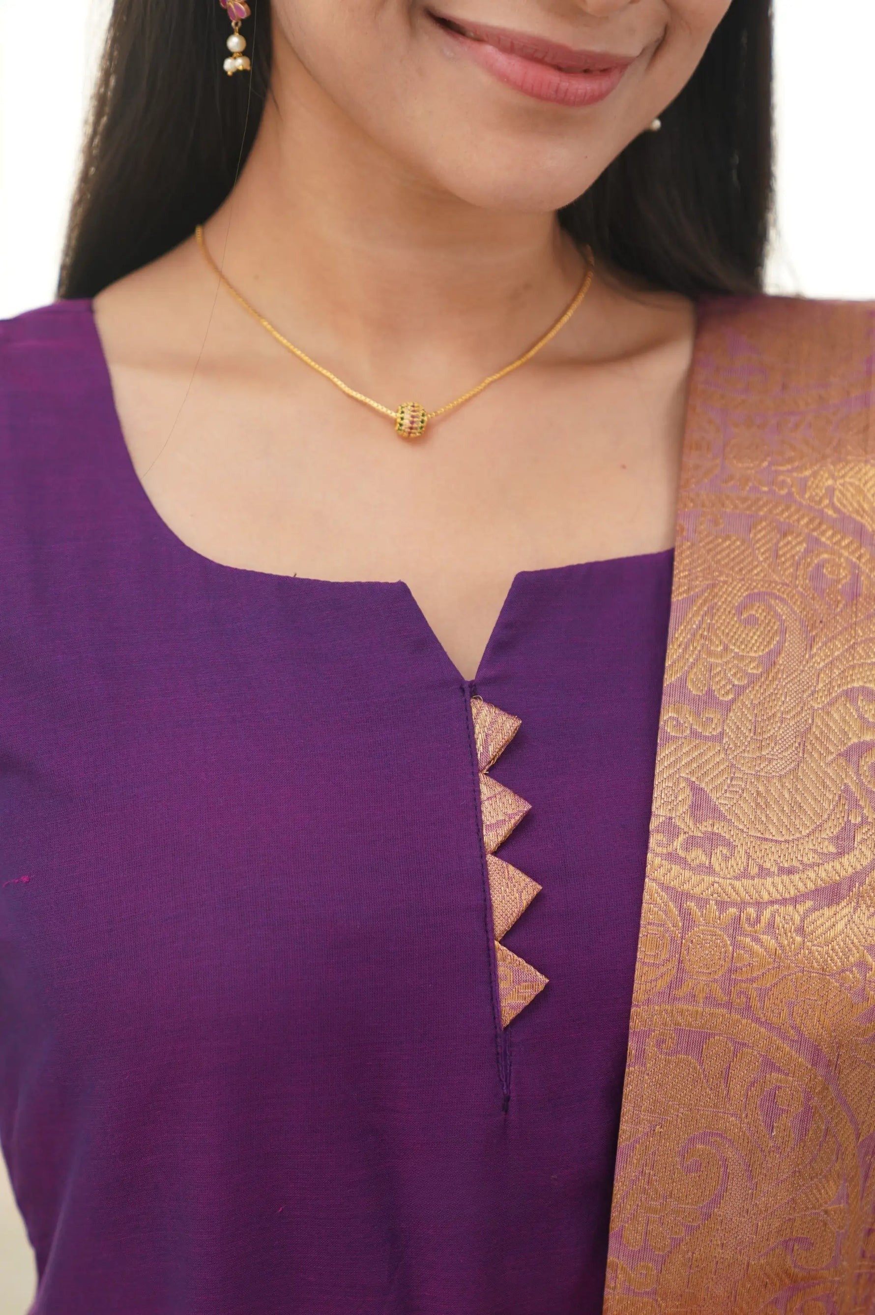 Graceful Violet Cotton Kurti with Golden Border – A Stunning Ethnic Look for Any Event