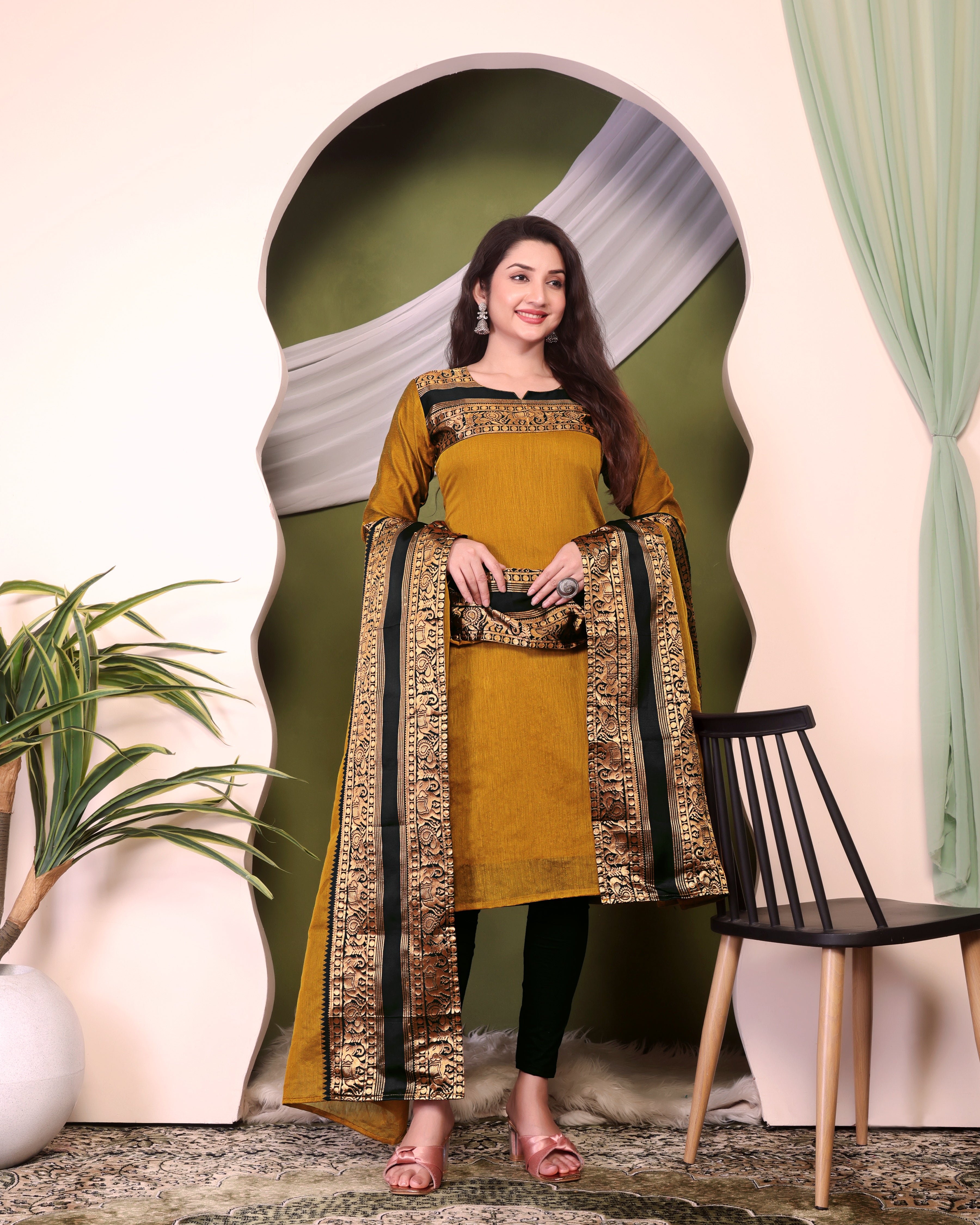 Women's Mustard Chanderi Cotton Kurta Dupatta Set