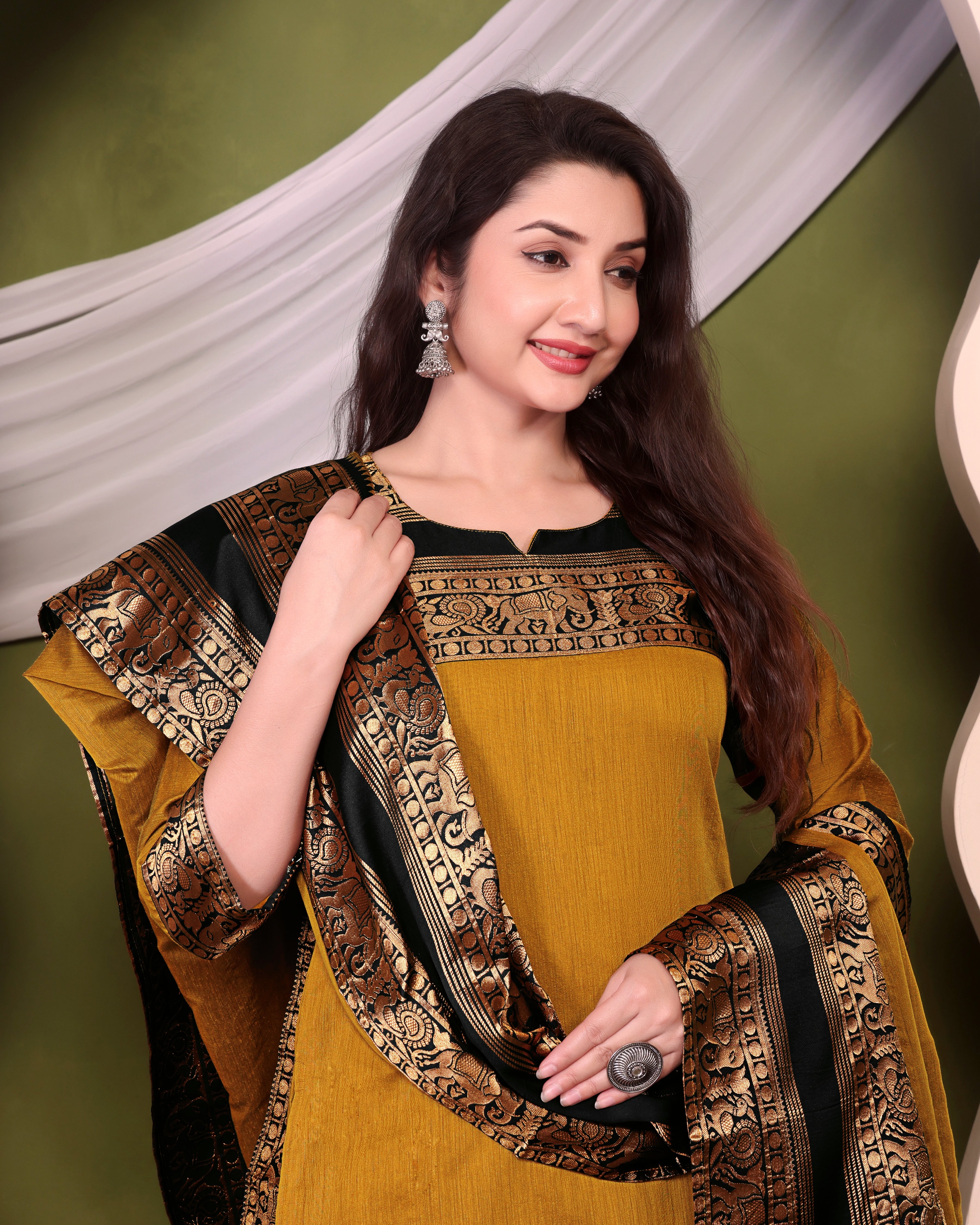 Women's Mustard Chanderi Cotton Kurta Dupatta Set