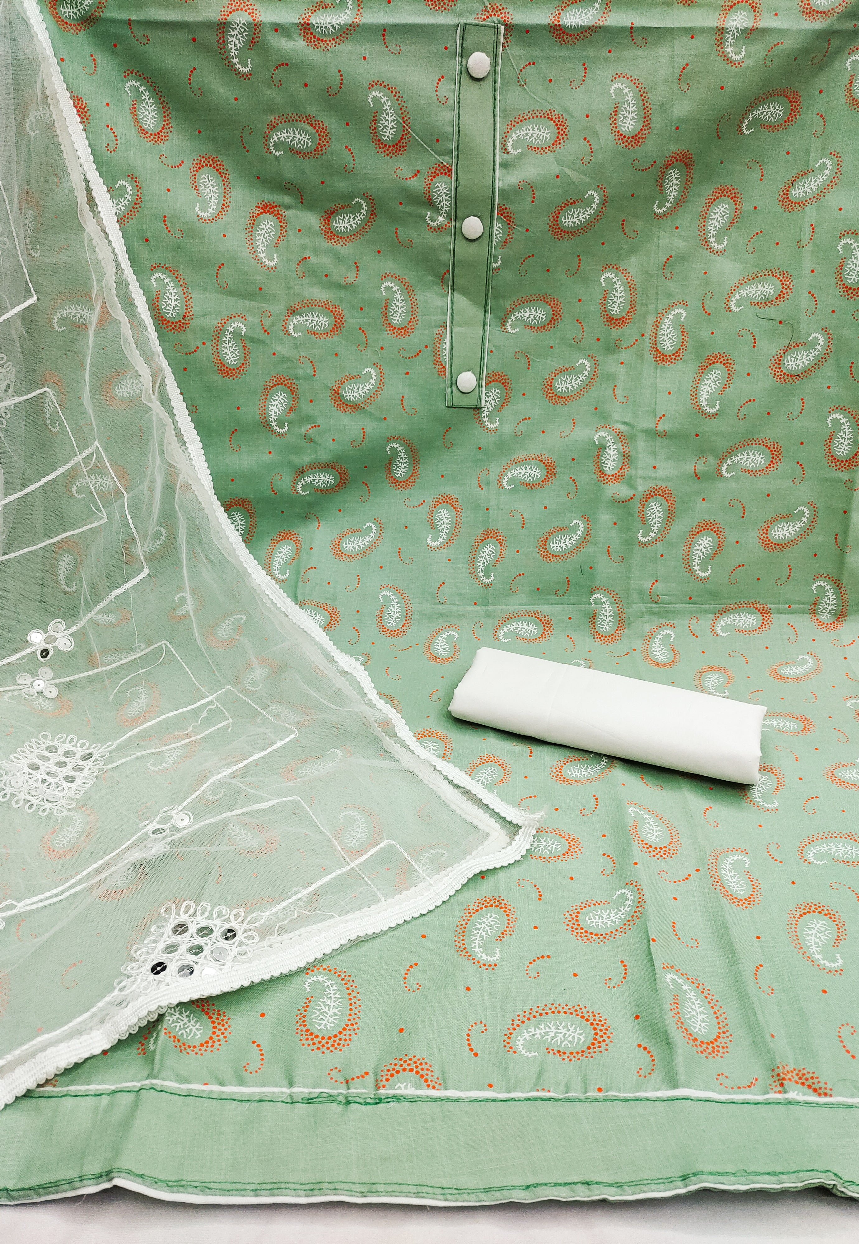 Beautiful Elegance Full Set with Printed Top, Tie Buttons &amp; Border Dupatta