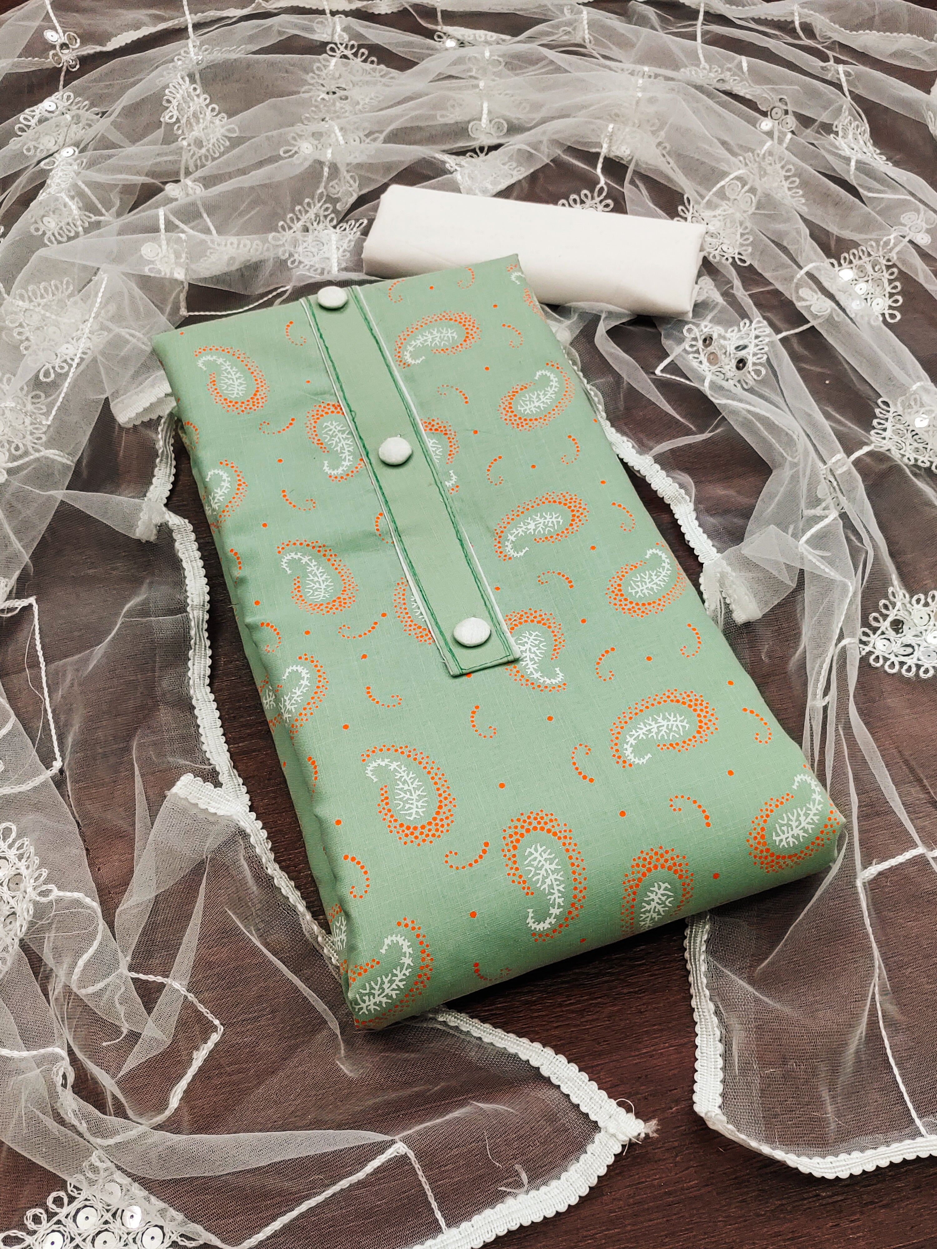 Beautiful Elegance Full Set with Printed Top, Tie Buttons &amp; Border Dupatta