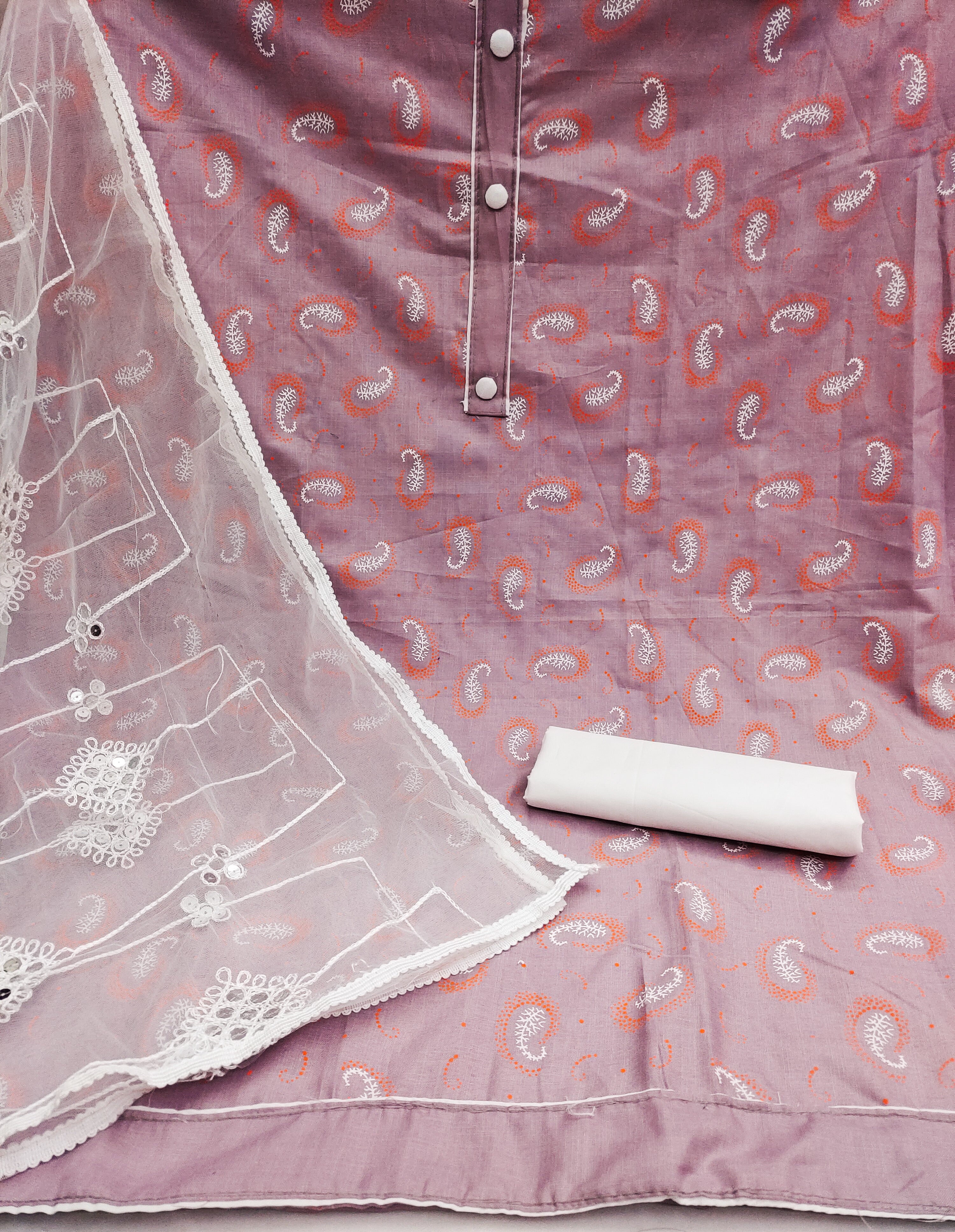 Beautiful Elegance Full Set with Printed Top, Tie Buttons &amp; Border Dupatta