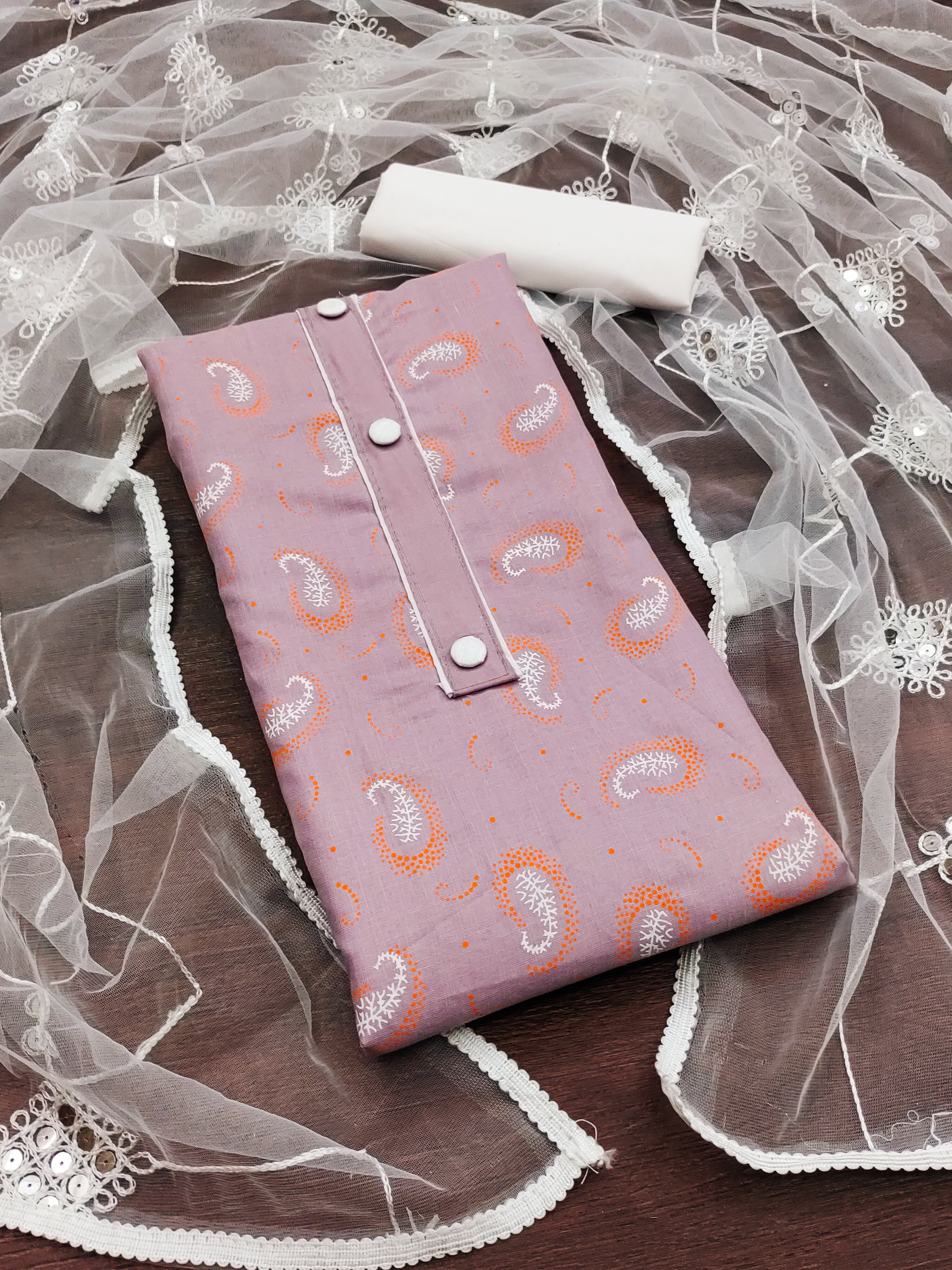 Beautiful Elegance Full Set with Printed Top, Tie Buttons &amp; Border Dupatta