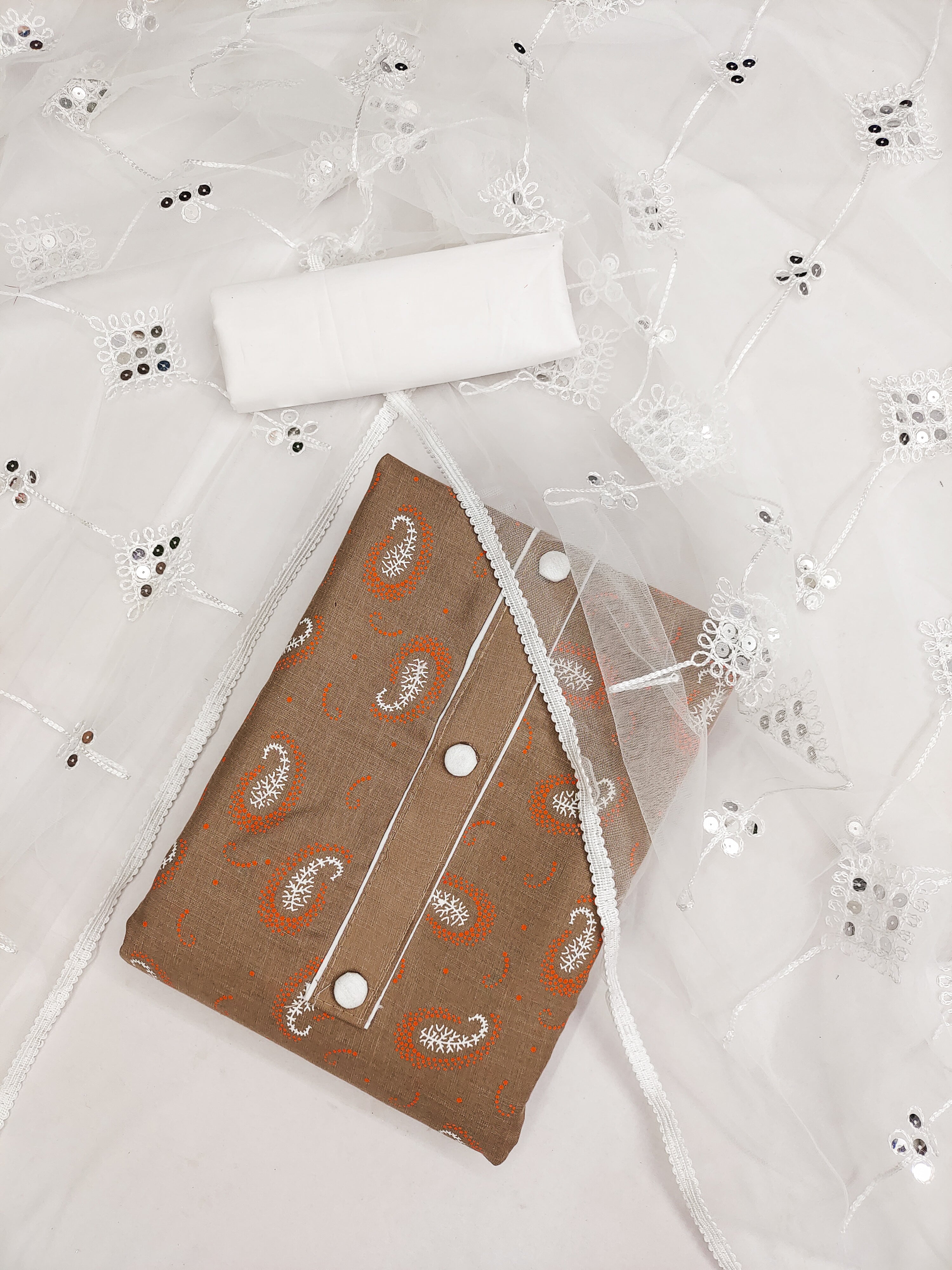 Beautiful Elegance Full Set with Printed Top, Tie Buttons &amp; Border Dupatta