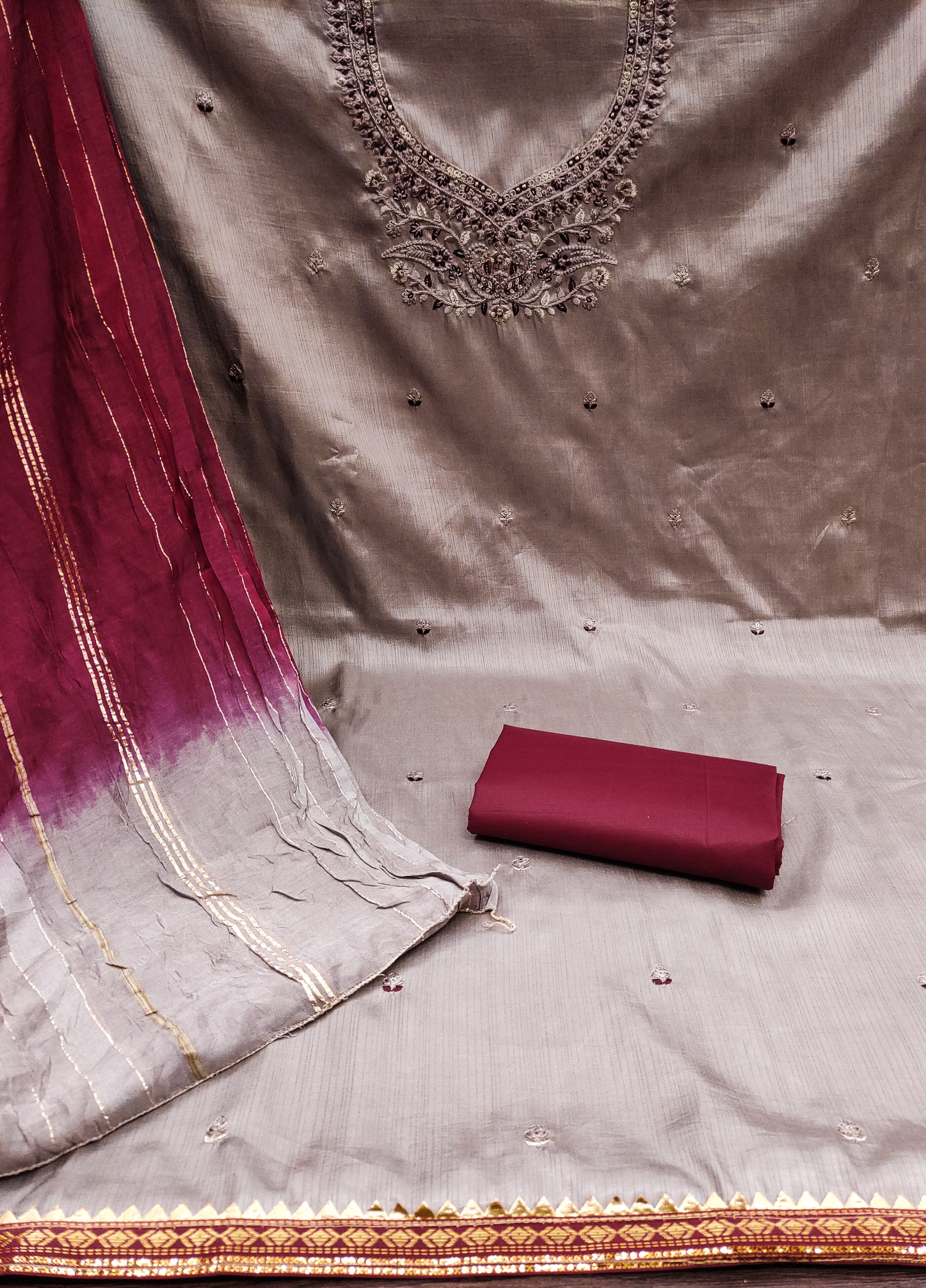 Beautiful Coco Silks Kurti Set with Jari Jacquard Saboori Print Dupatta