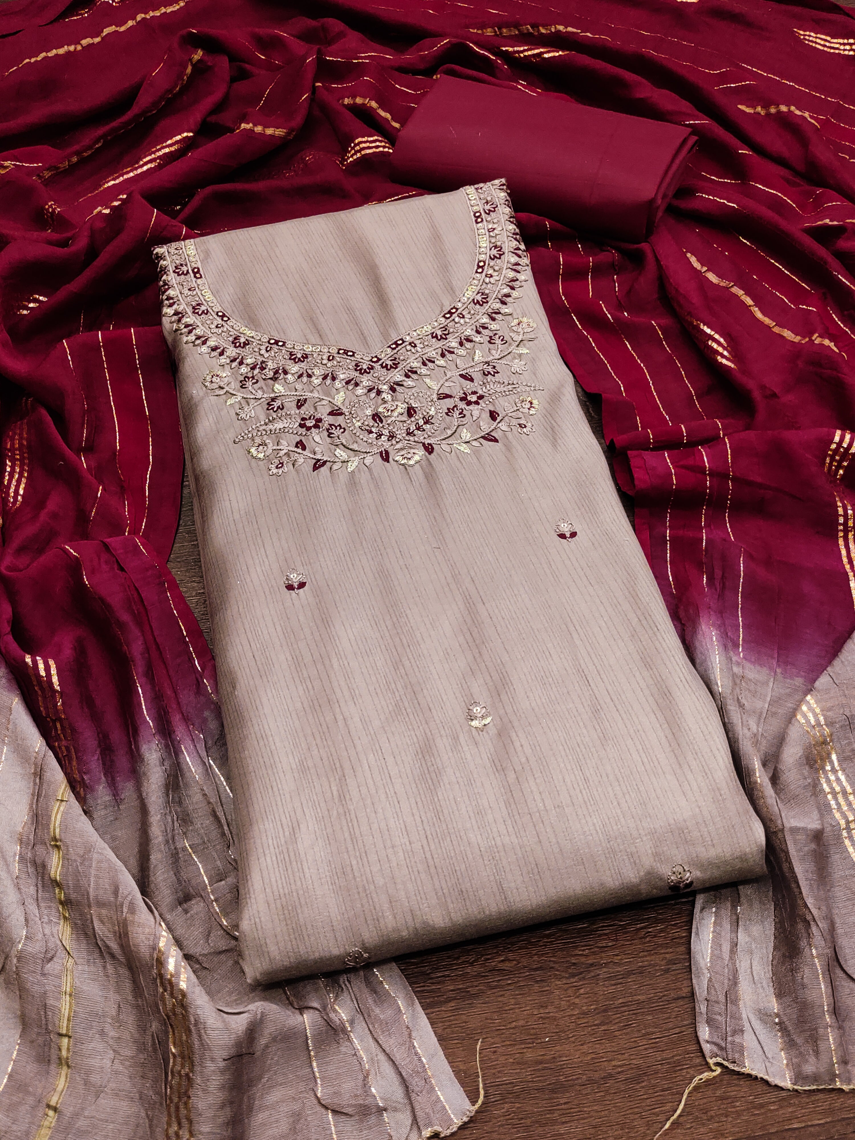 Beautiful Coco Silks Kurti Set with Jari Jacquard Saboori Print Dupatta