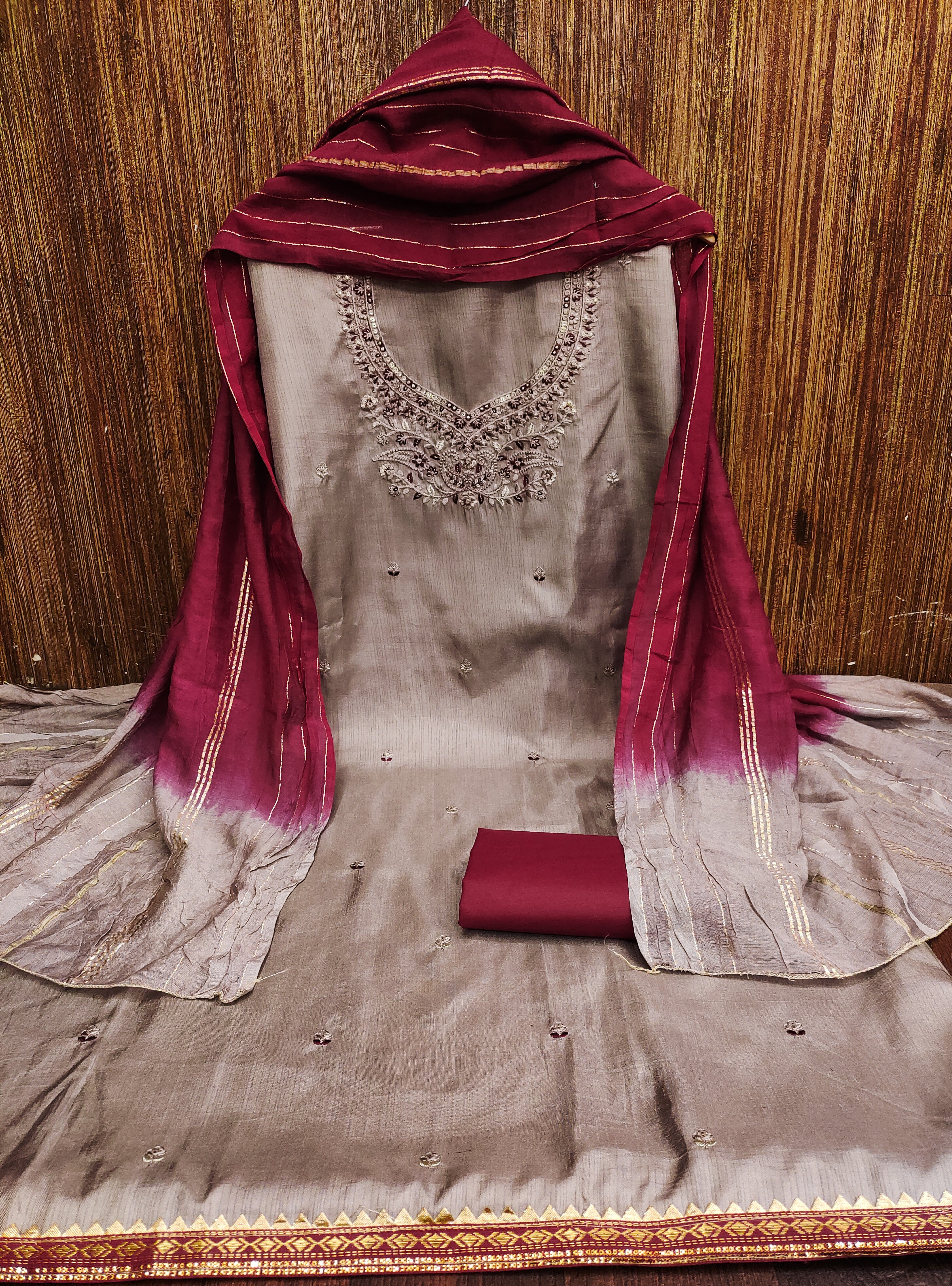 Beautiful Coco Silks Kurti Set with Jari Jacquard Saboori Print Dupatta