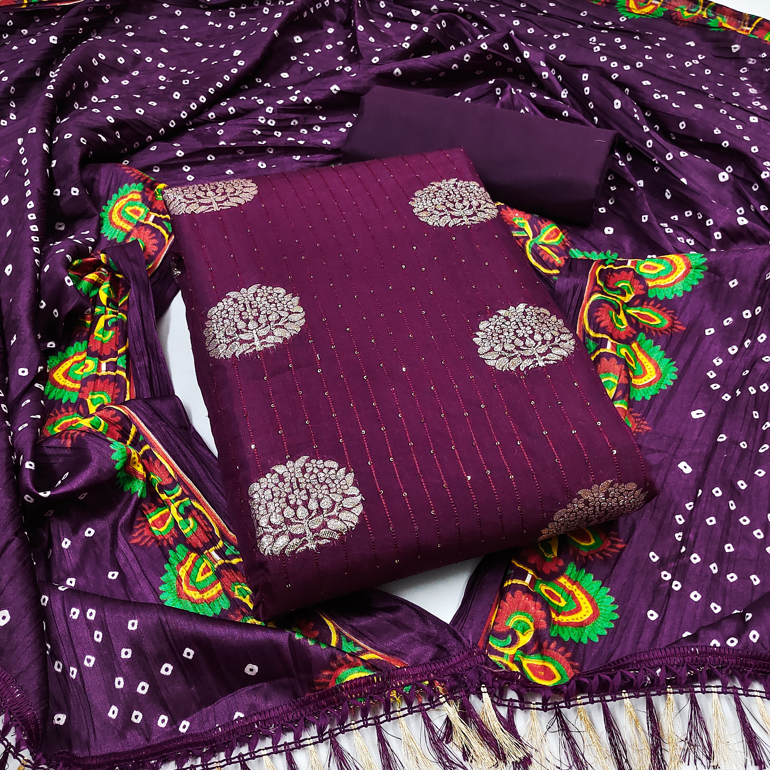 Beautiful Jacquard Jari Buta Sequin Kurti Set with Bandhani Chinnon Printed Dupatta