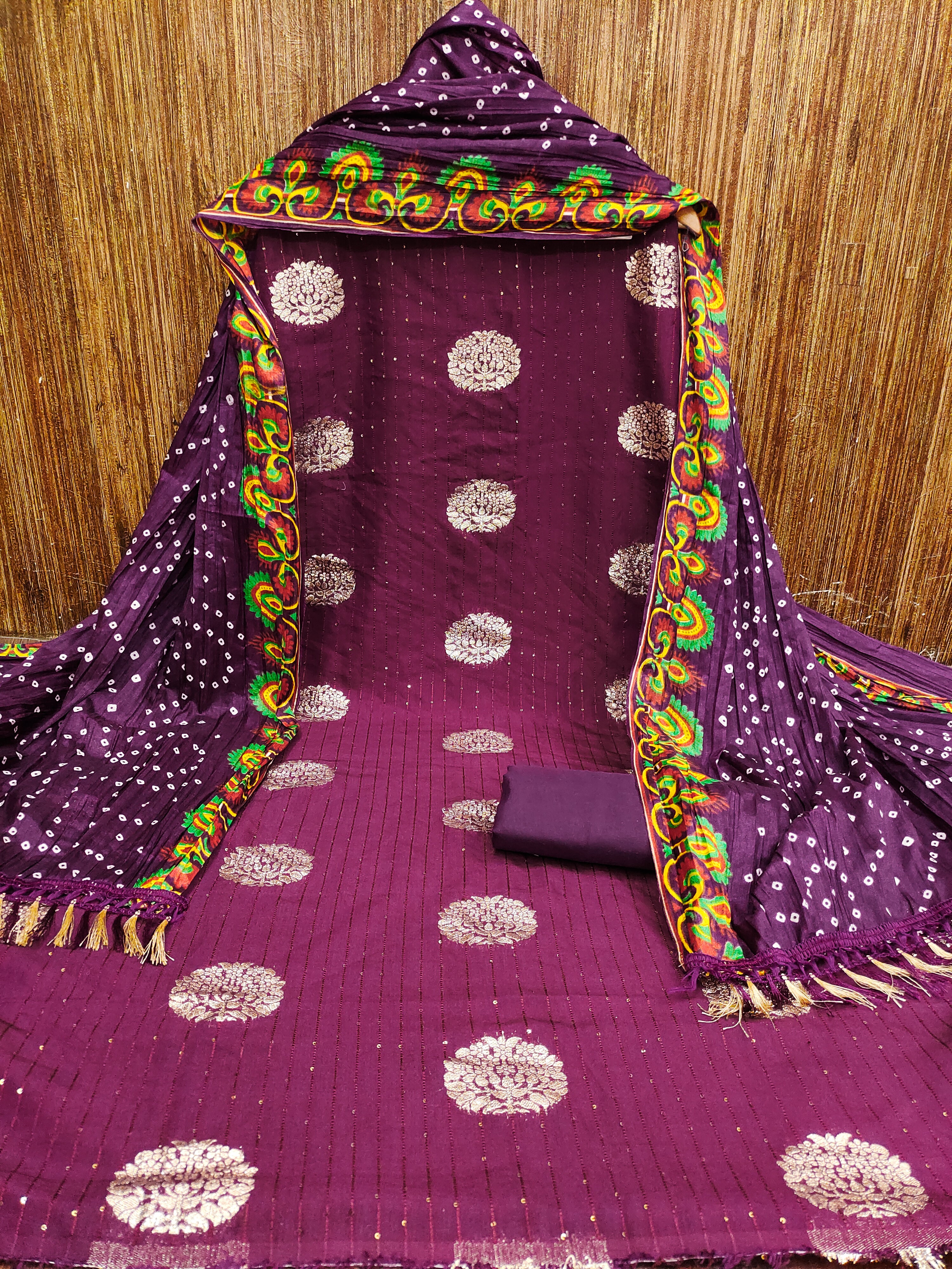 Beautiful Jacquard Jari Buta Sequin Kurti Set with Bandhani Chinnon Printed Dupatta