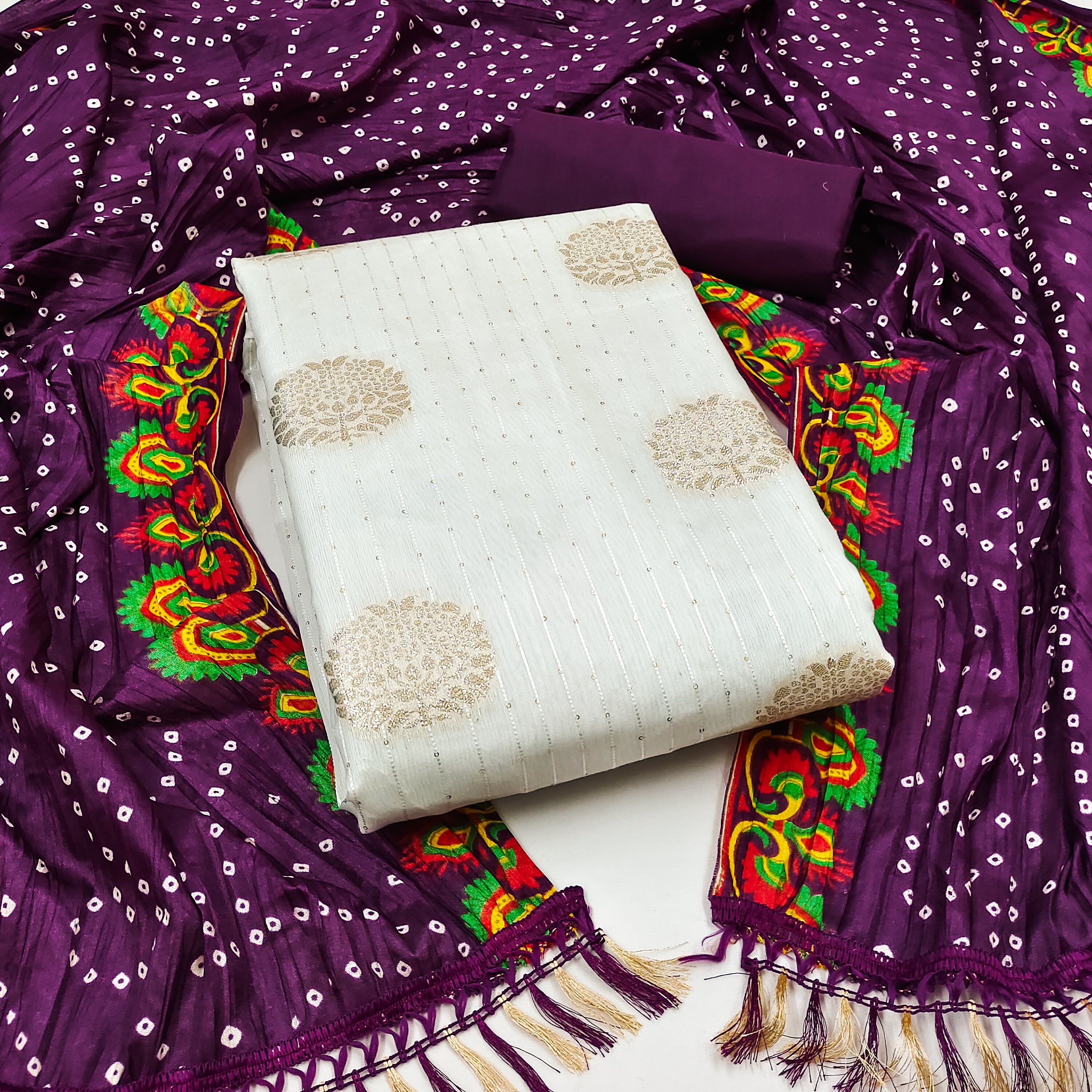 Beautiful Jacquard Jari Buta Sequin Kurti Set with Bandhani Chinnon Printed Dupatta