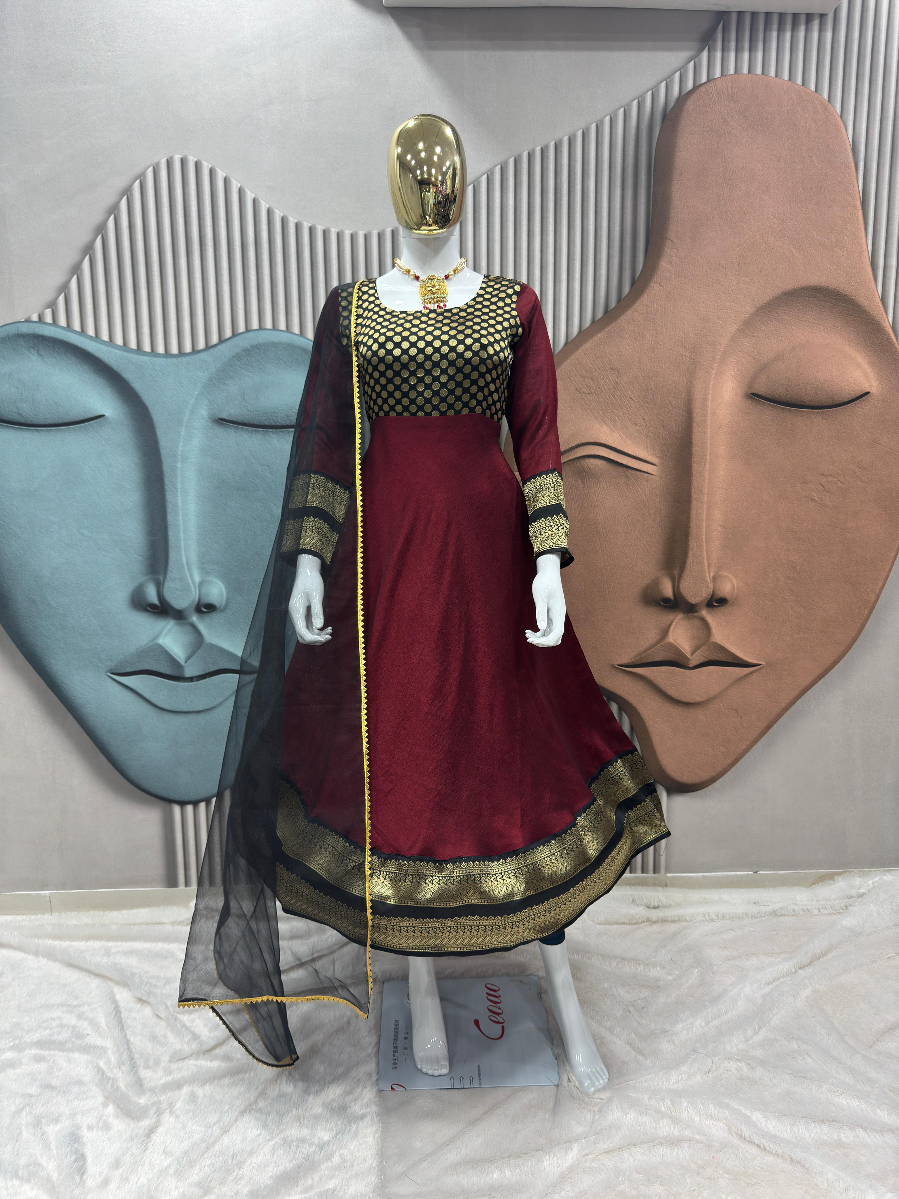 Elegant Maroon  Anarkali Suit with Jacquard Silk & Net Dupatta