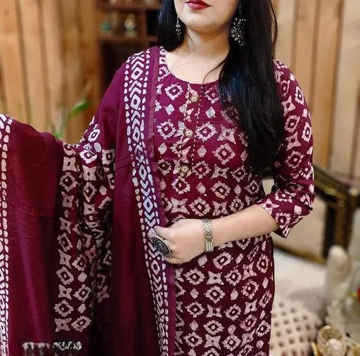 Stylish Cotton Suit Set with Chanderi Dupatta