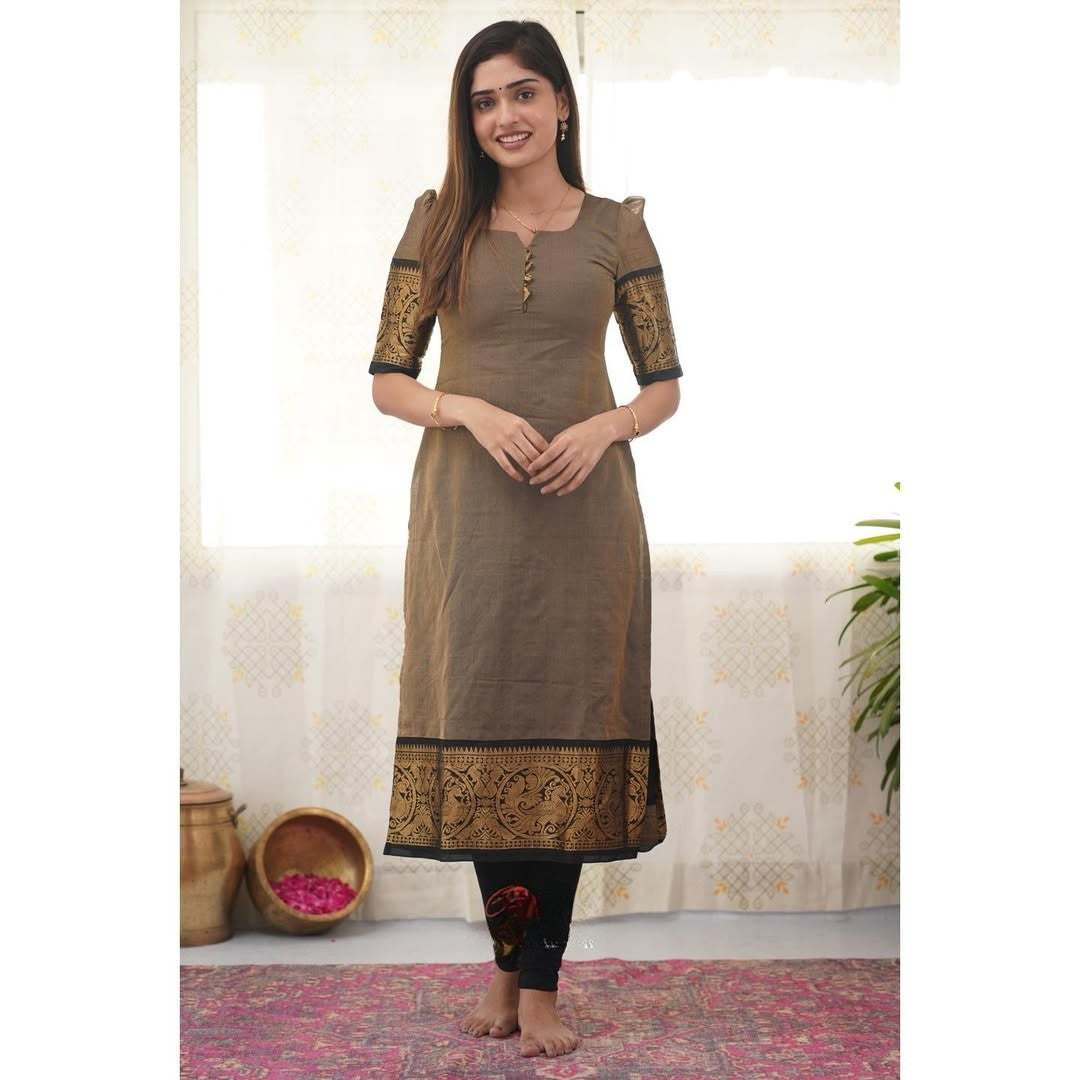 Chanderi Cotton Kurti and Dupatta Set with Intricate Weaving Work