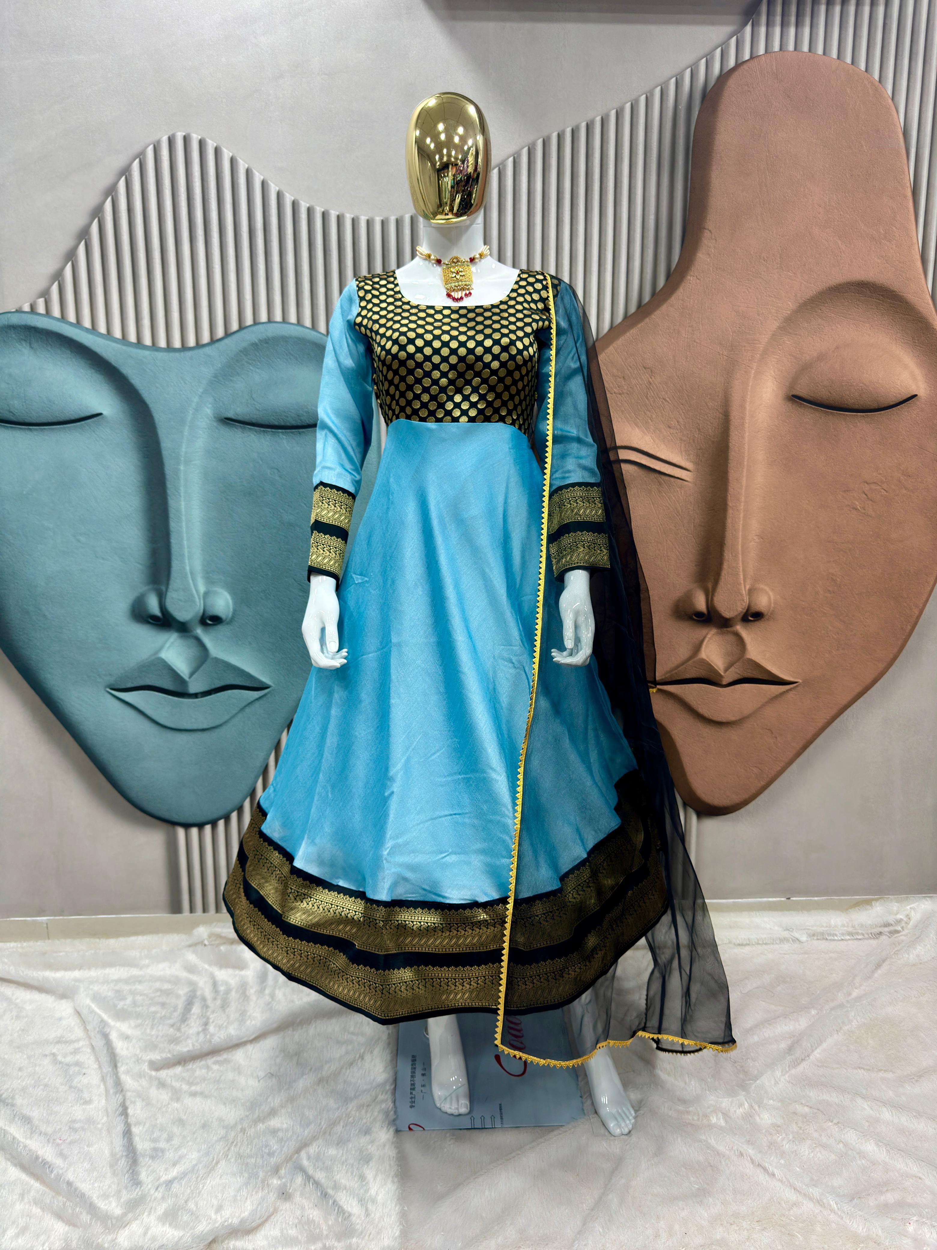Elegant Sky Blue  Anarkali Suit with Jacquard Silk & Net Dupatta