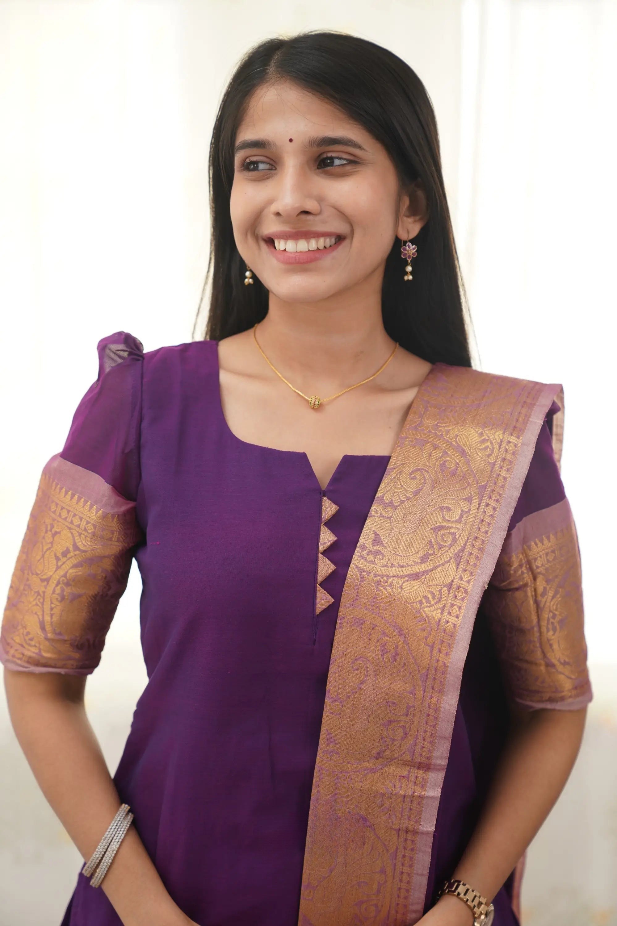 Graceful Violet Cotton Kurti with Golden Border – A Stunning Ethnic Look for Any Event
