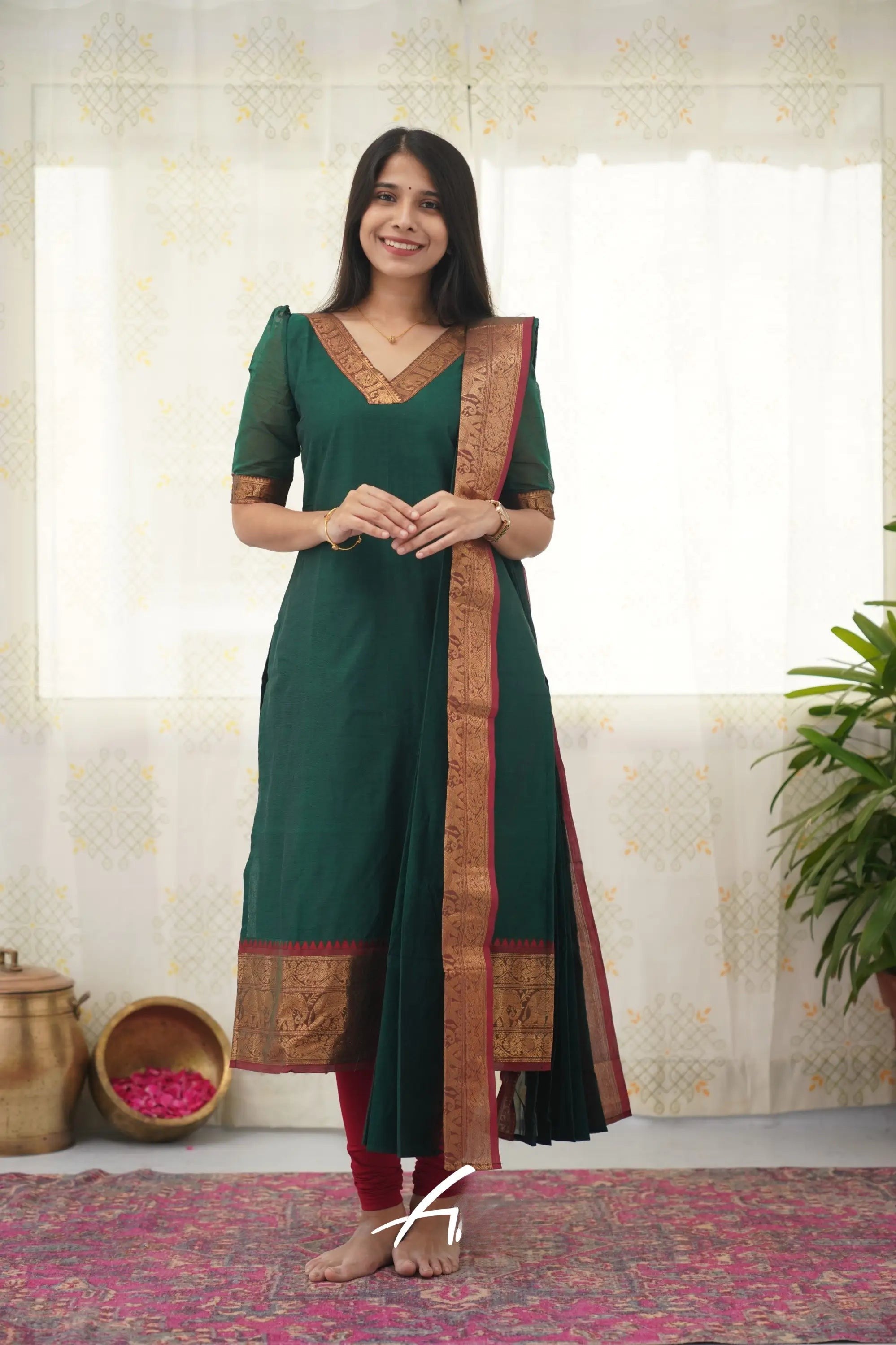 Bottle Green Cotton Kurti Set with Maroon Tone Border – A Perfect Blend of Tradition and Style