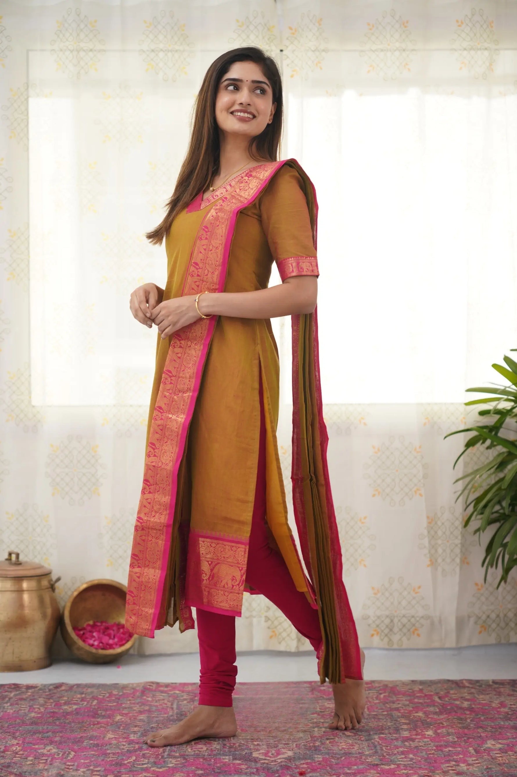 Yellow Cotton Kurta Set with Pink Border – Bold and Beautiful.