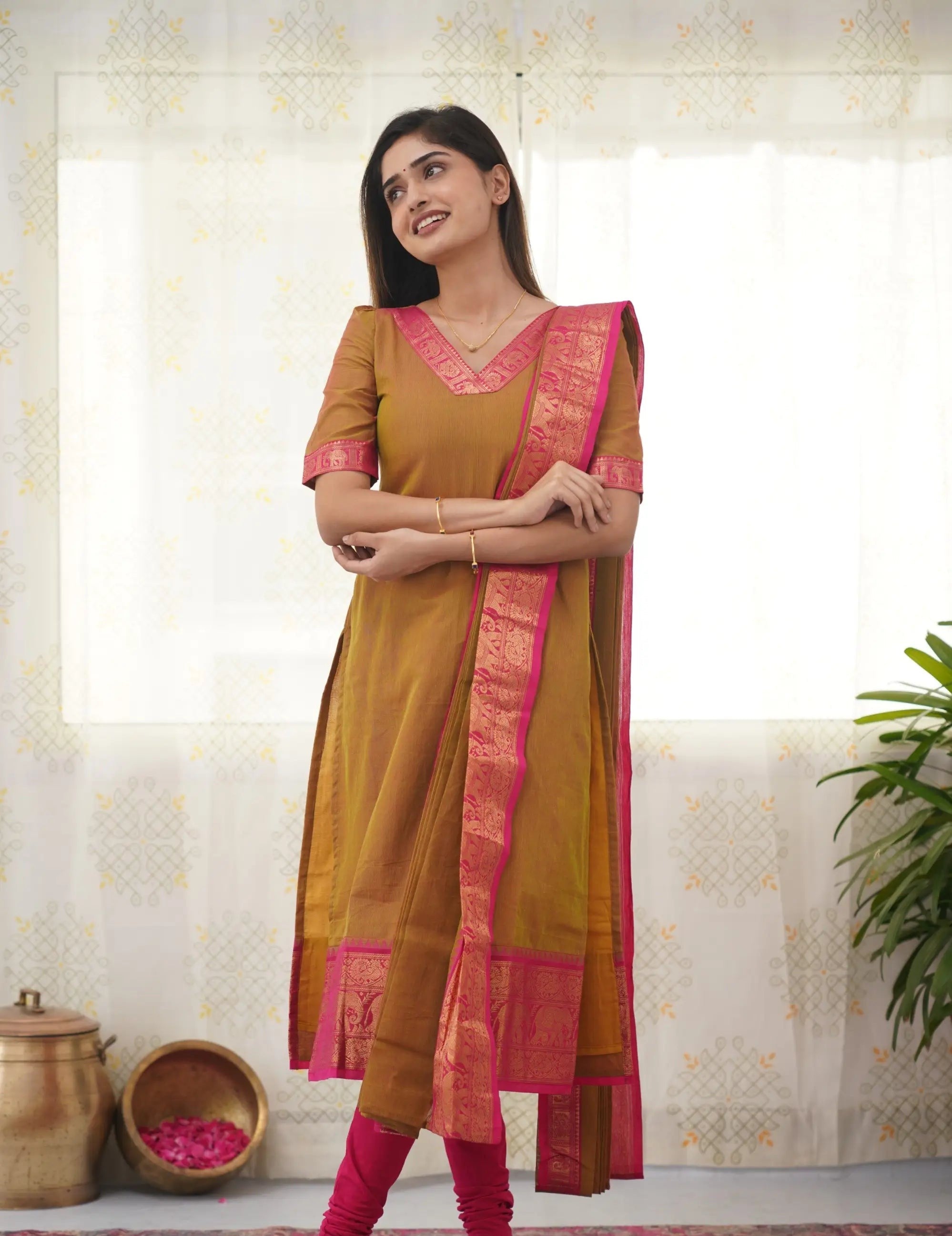 Yellow Cotton Kurta Set with Pink Border – Bold and Beautiful.