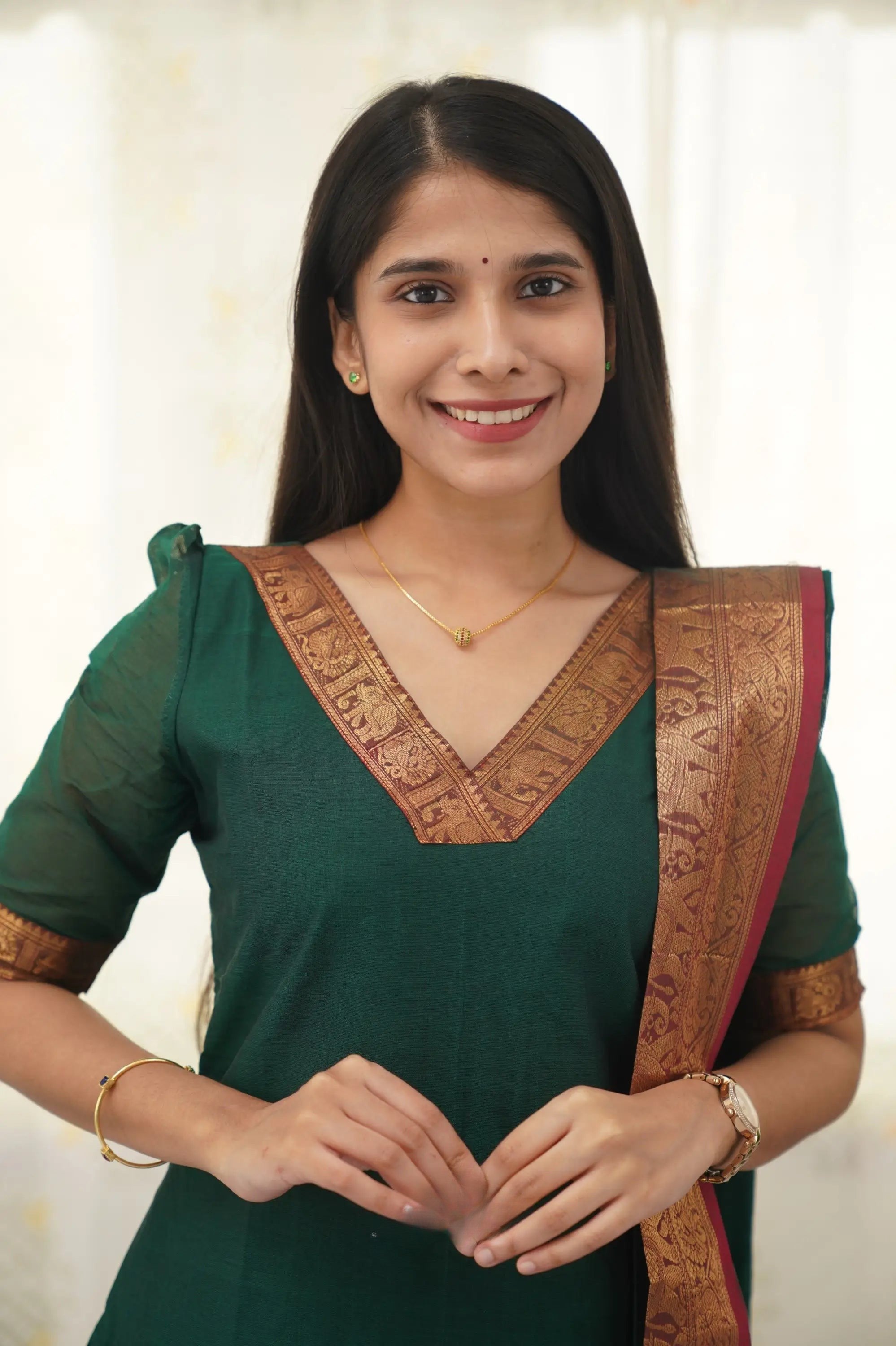 Bottle Green Cotton Kurti Set with Maroon Tone Border – A Perfect Blend of Tradition and Style