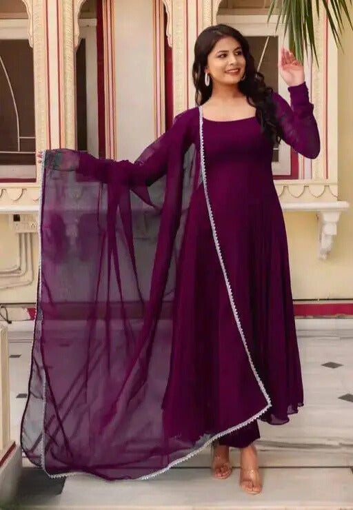 Georgette Gown and Dupatta Set with Intricate Lace Border