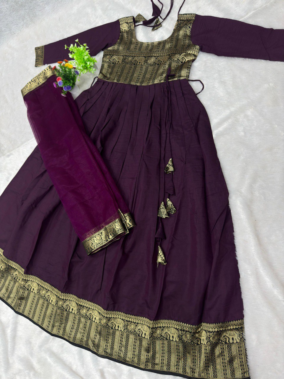 Melobita Silk Full-Length Anarkali Gown Kurti with Sheer Golden-Border Dupatta