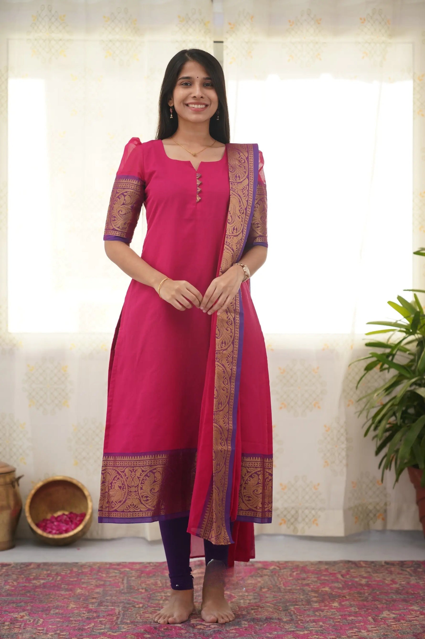 Stylish Pink Chanderi Cotton Kurti with Black Border – Comfort Meets Class.