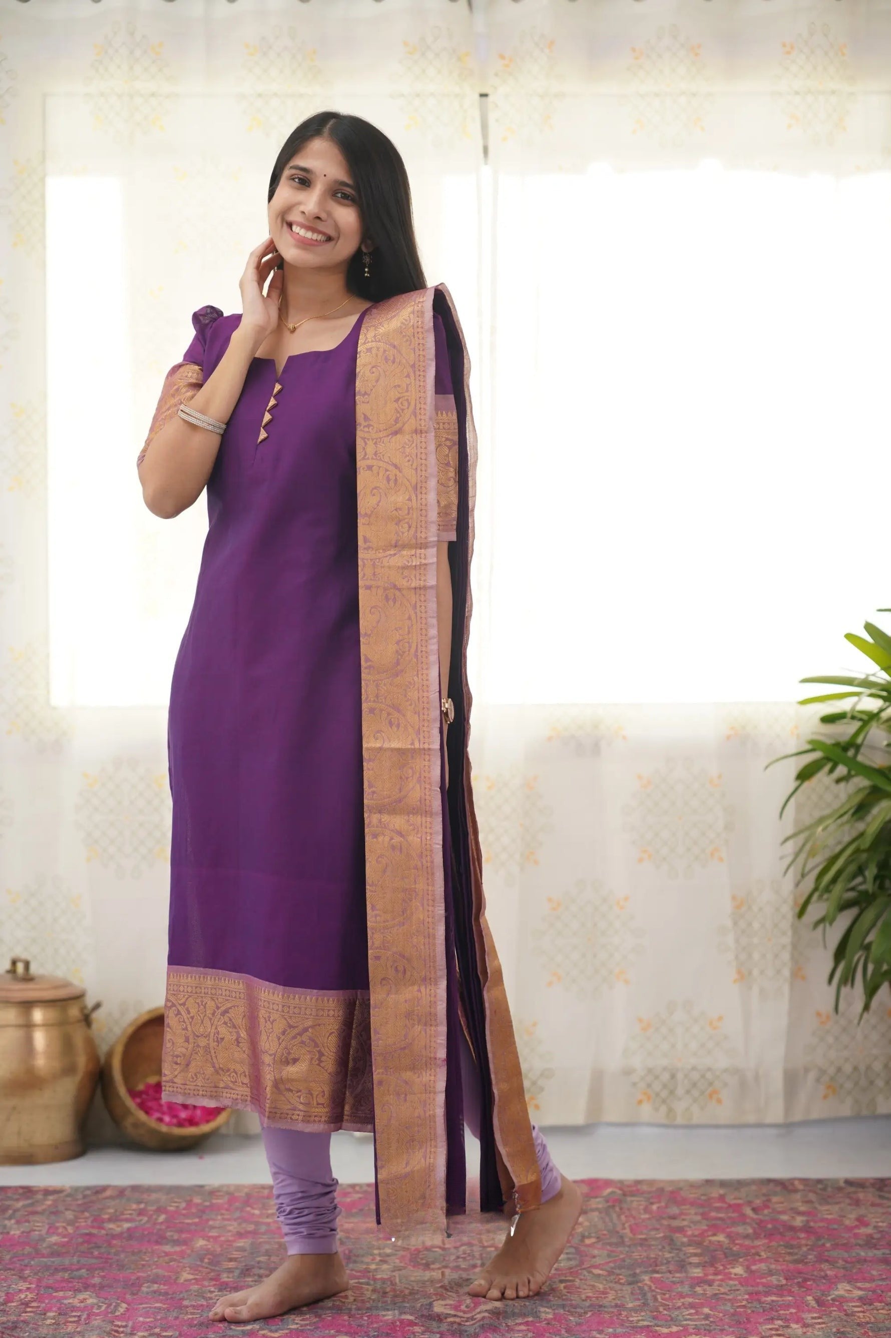 Chanderi Cotton Kurti and Dupatta Set with Intricate Weaving Work