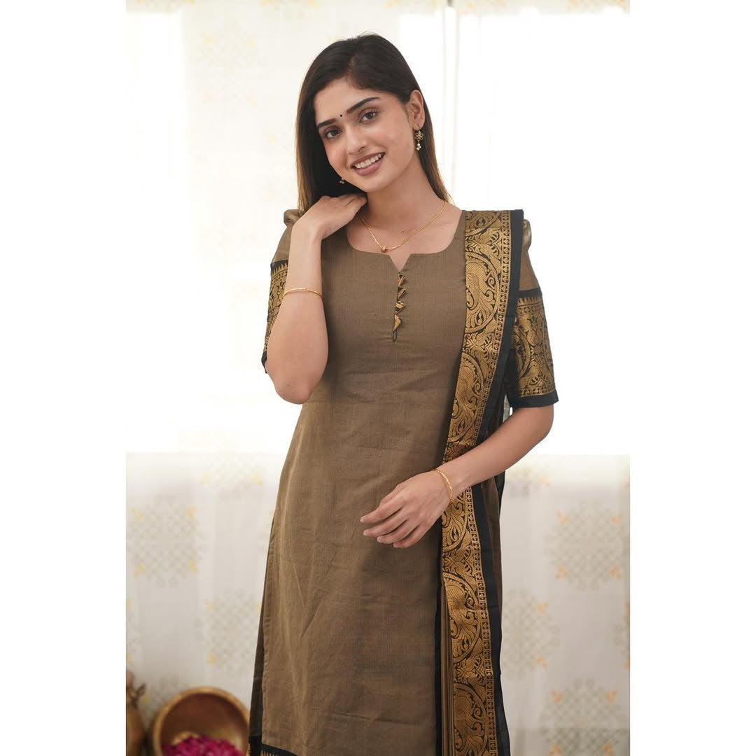Chanderi Cotton Kurti and Dupatta Set with Intricate Weaving Work
