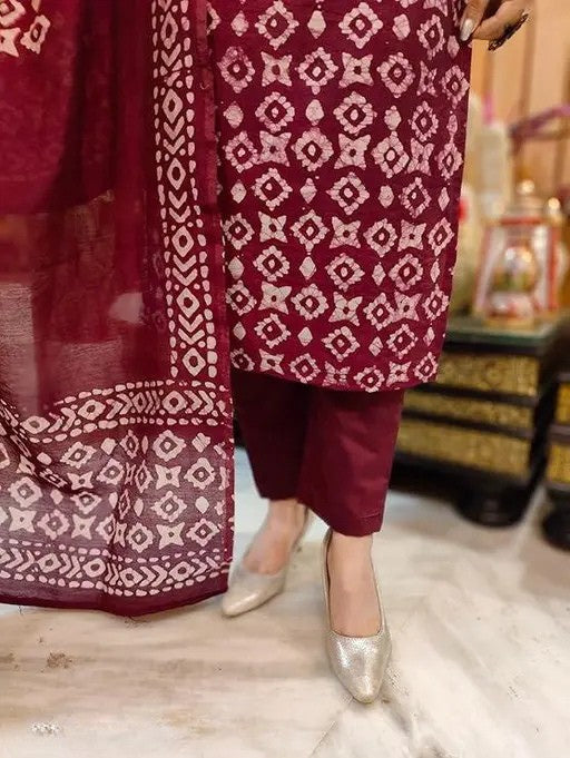 Stylish Cotton Suit Set with Chanderi Dupatta