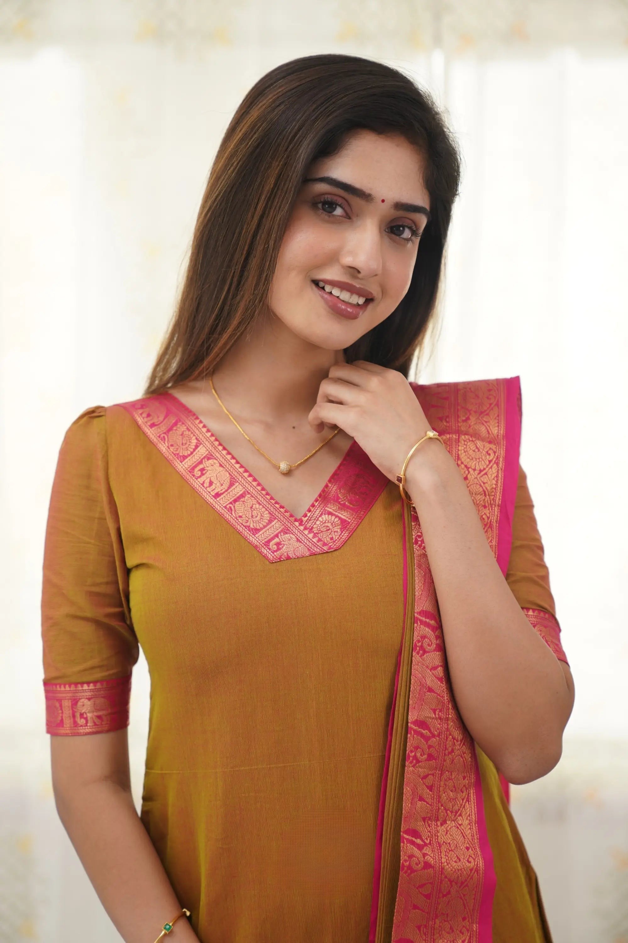 Yellow Cotton Kurta Set with Pink Border – Bold and Beautiful.