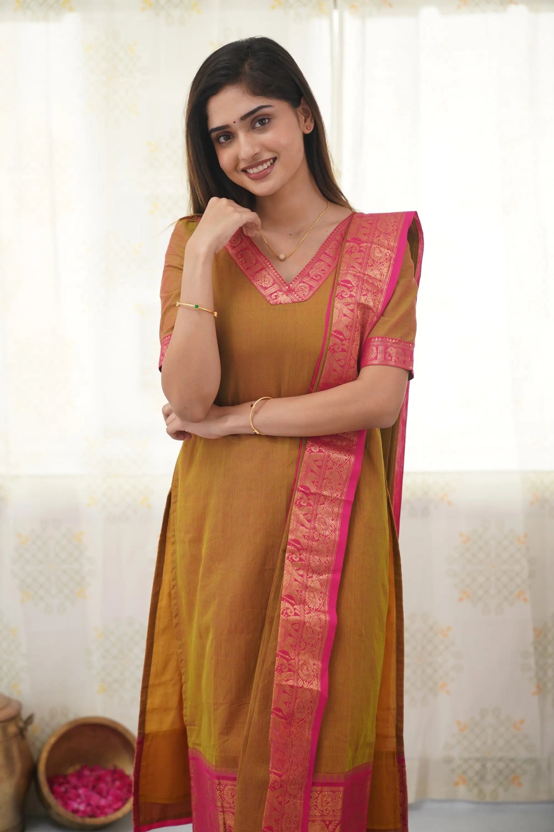 Yellow Cotton Kurta Set with Pink Border – Bold and Beautiful.