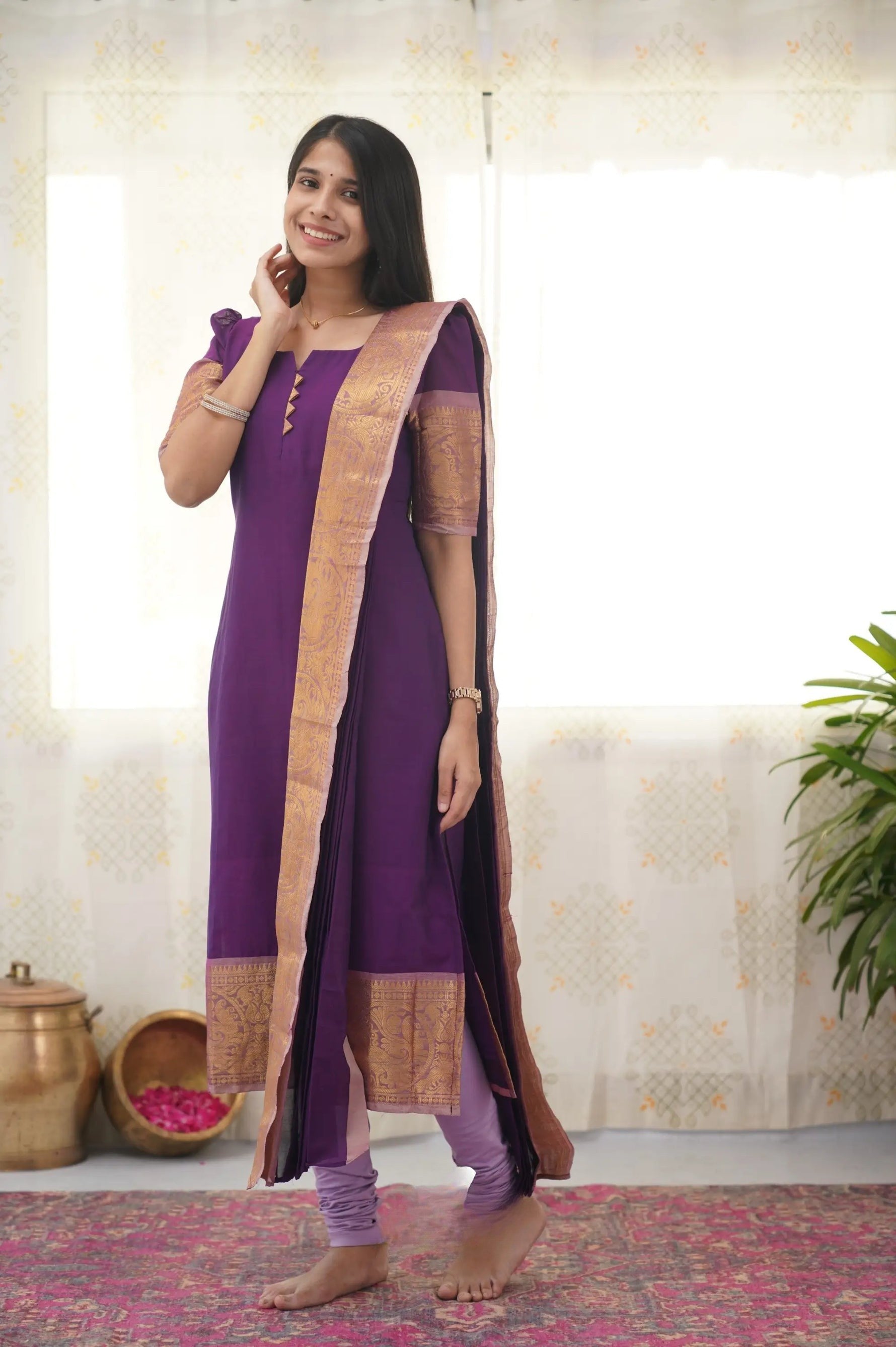 Graceful Violet Cotton Kurti with Golden Border – A Stunning Ethnic Look for Any Event
