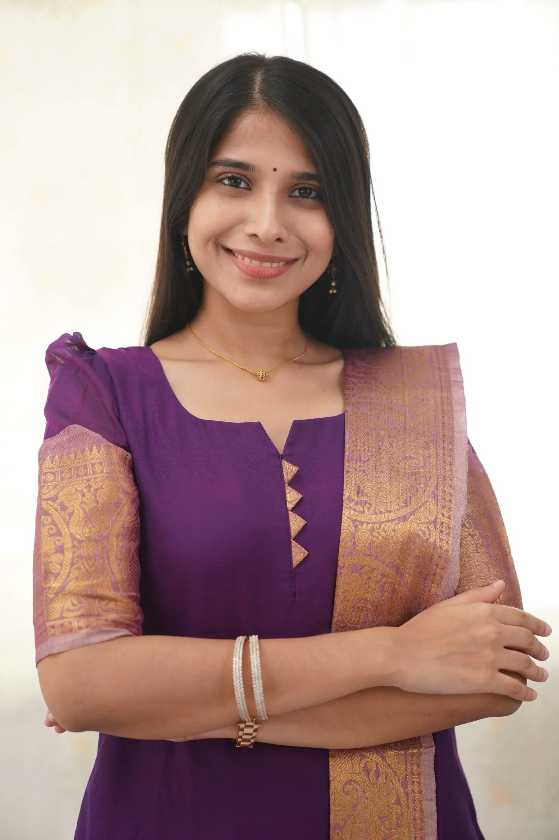 Graceful Violet Cotton Kurti with Golden Border – A Stunning Ethnic Look for Any Event