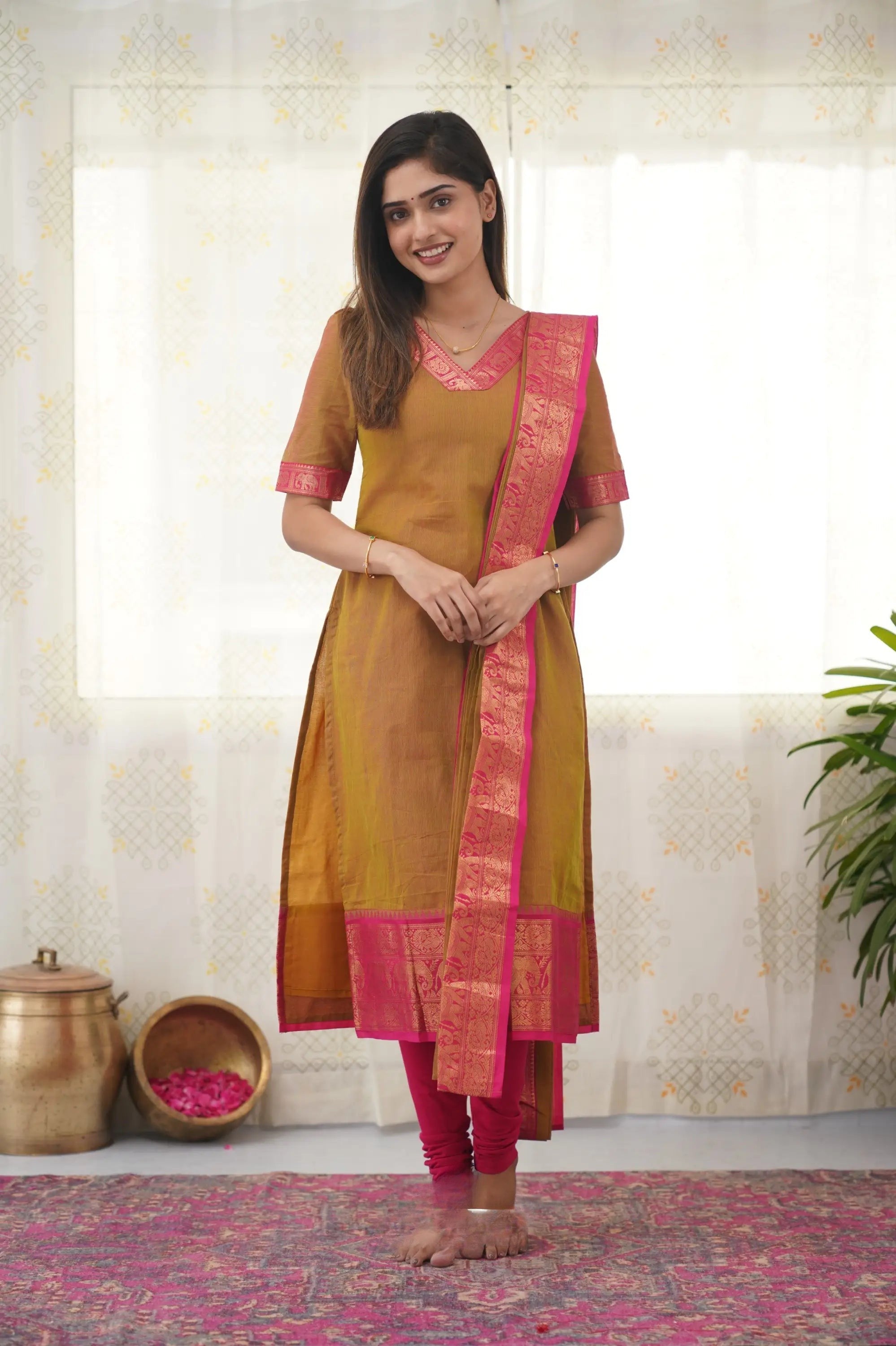Yellow Cotton Kurta Set with Pink Border – Bold and Beautiful.