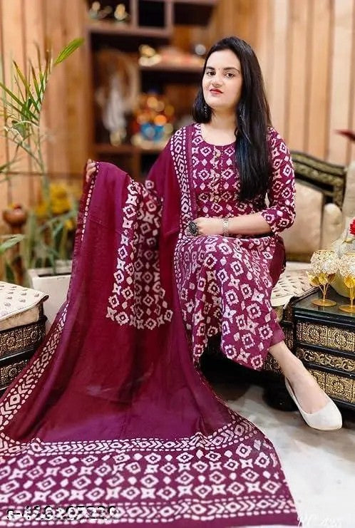 Stylish Cotton Suit Set with Chanderi Dupatta