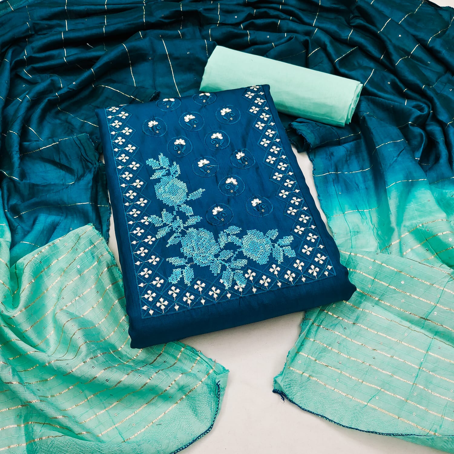 Beautiful Coco Silks Kurti Set with Cotton Jari Sequin Dupatta