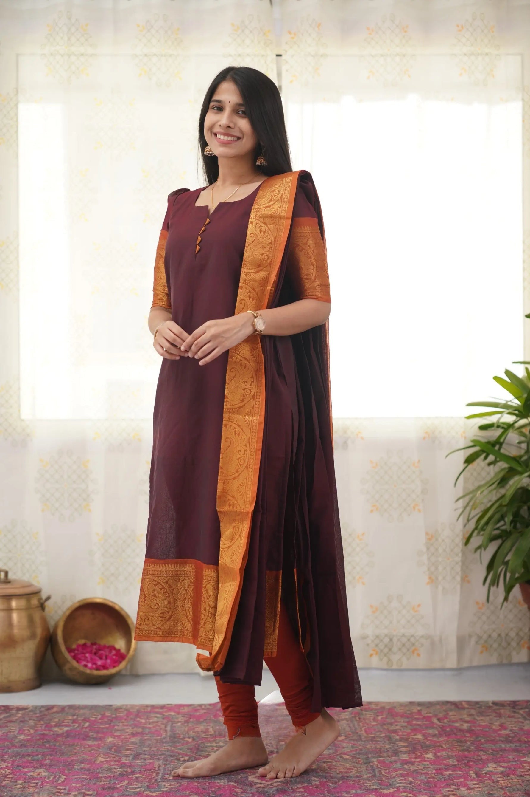 Maroon Cotton Kurti with Bold Orange Border – Classic Charm Meets Contemporary Style