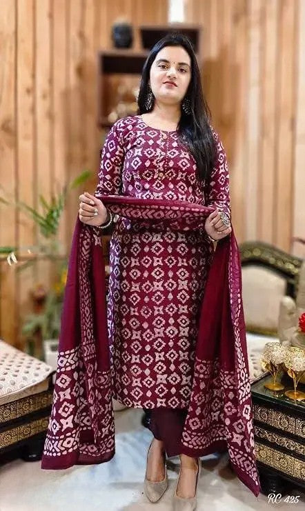 Stylish Cotton Suit Set with Chanderi Dupatta