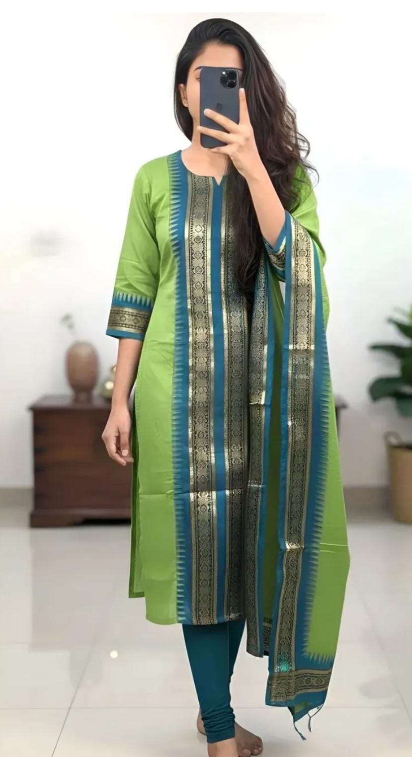 Light Green Chanderi Cotton Straight Fit Kurta Set with Jacquard Border.