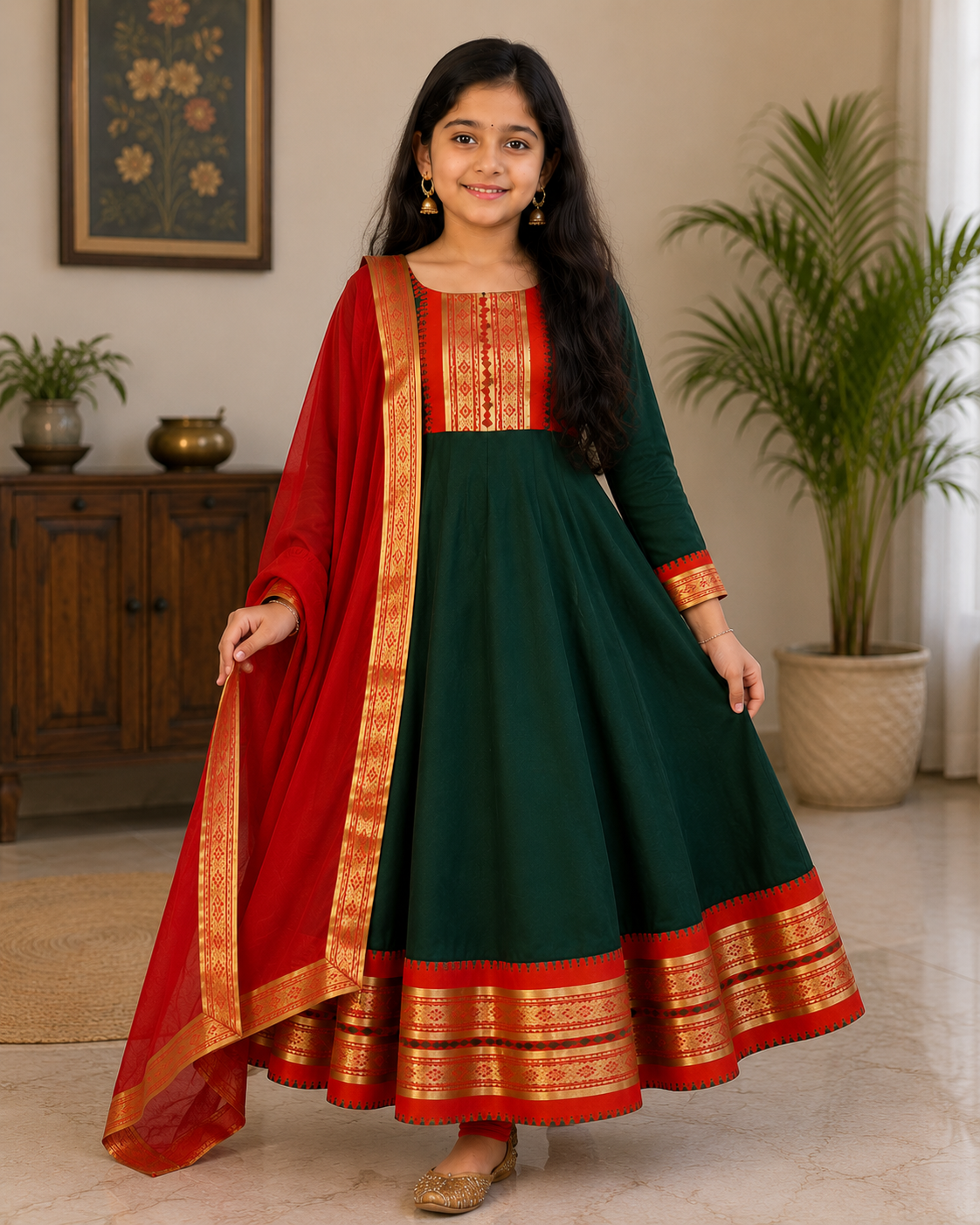 Adorable Bottle Green Girls' Anarkali Suit with Contrast Red Dupatta
